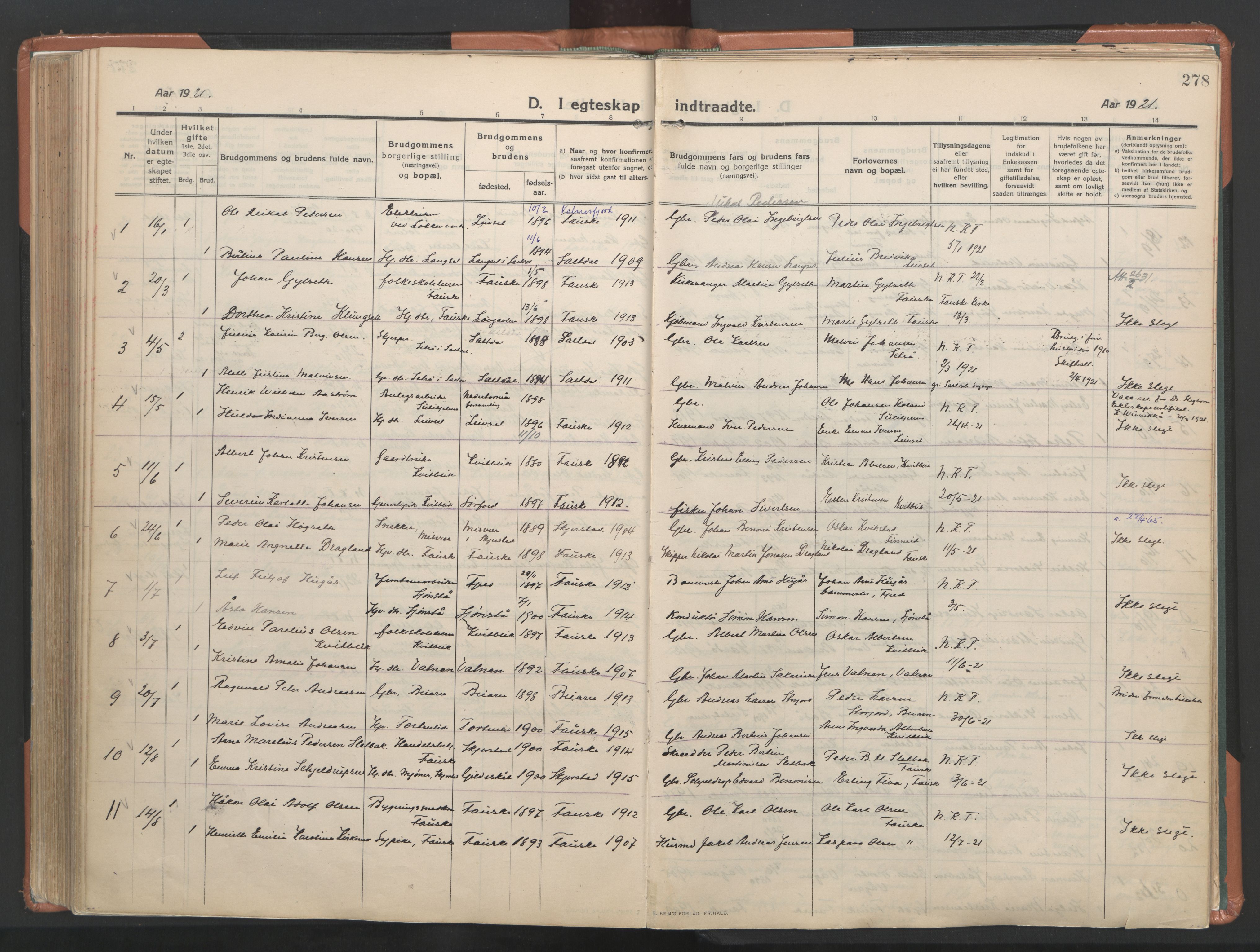 Ministerialprotokoller, klokkerbøker og fødselsregistre - Nordland, AV/SAT-A-1459/849/L0698: Parish register (official) no. 849A09, 1911-1924, p. 278