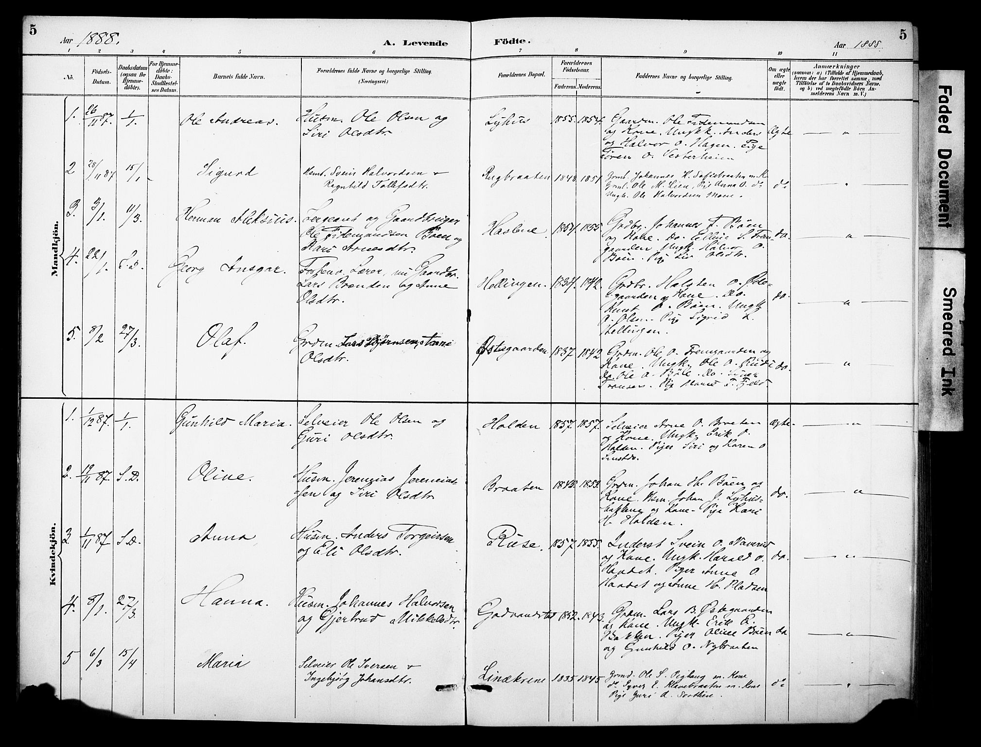 Sør-Aurdal prestekontor, SAH/PREST-128/H/Ha/Haa/L0010: Parish register (official) no. 10, 1886-1906, p. 5