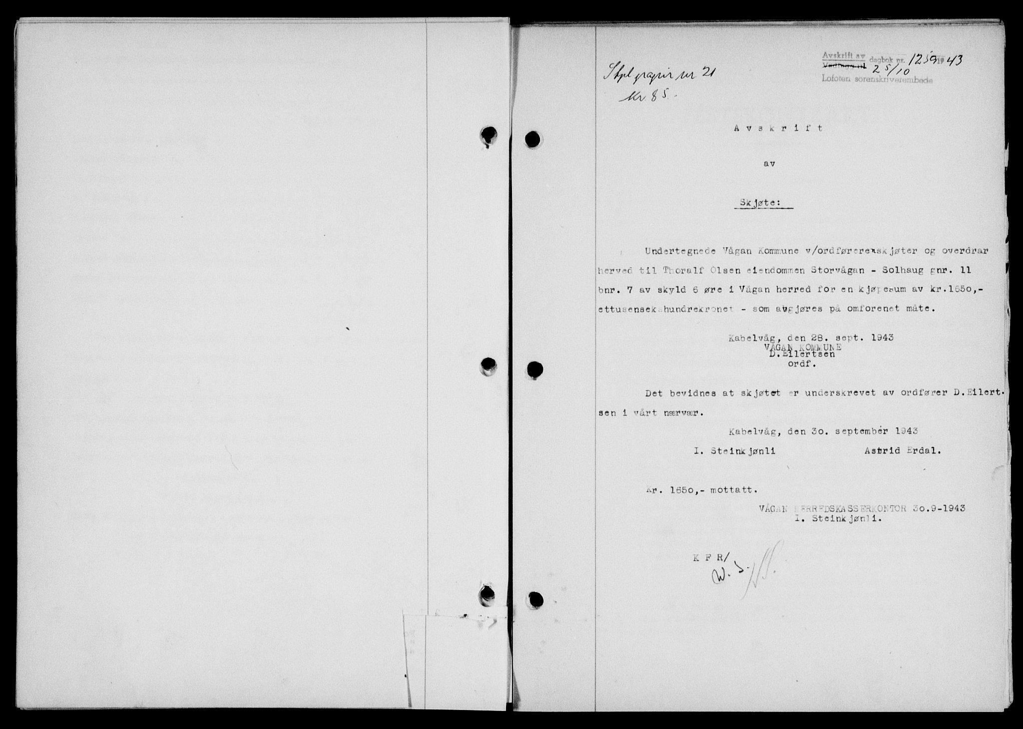 Lofoten sorenskriveri, SAT/A-0017/1/2/2C/L0011a: Mortgage book no. 11a, 1943-1943, Diary no: : 1259/1943