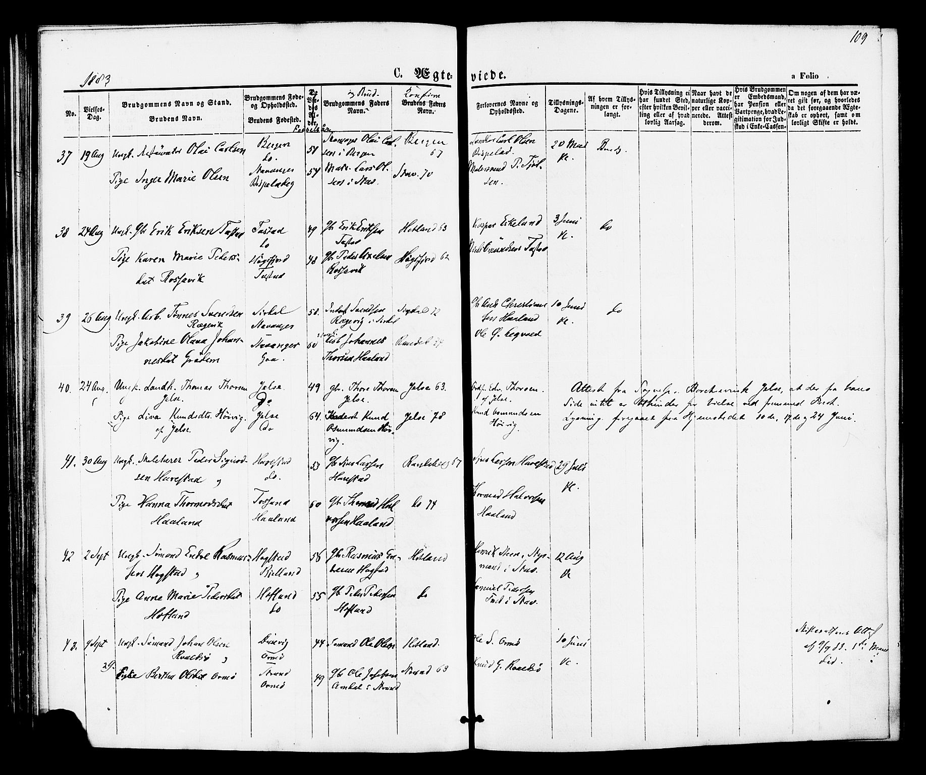 Hetland sokneprestkontor, AV/SAST-A-101826/30/30BA/L0005: Parish register (official) no. A 5, 1869-1884, p. 109