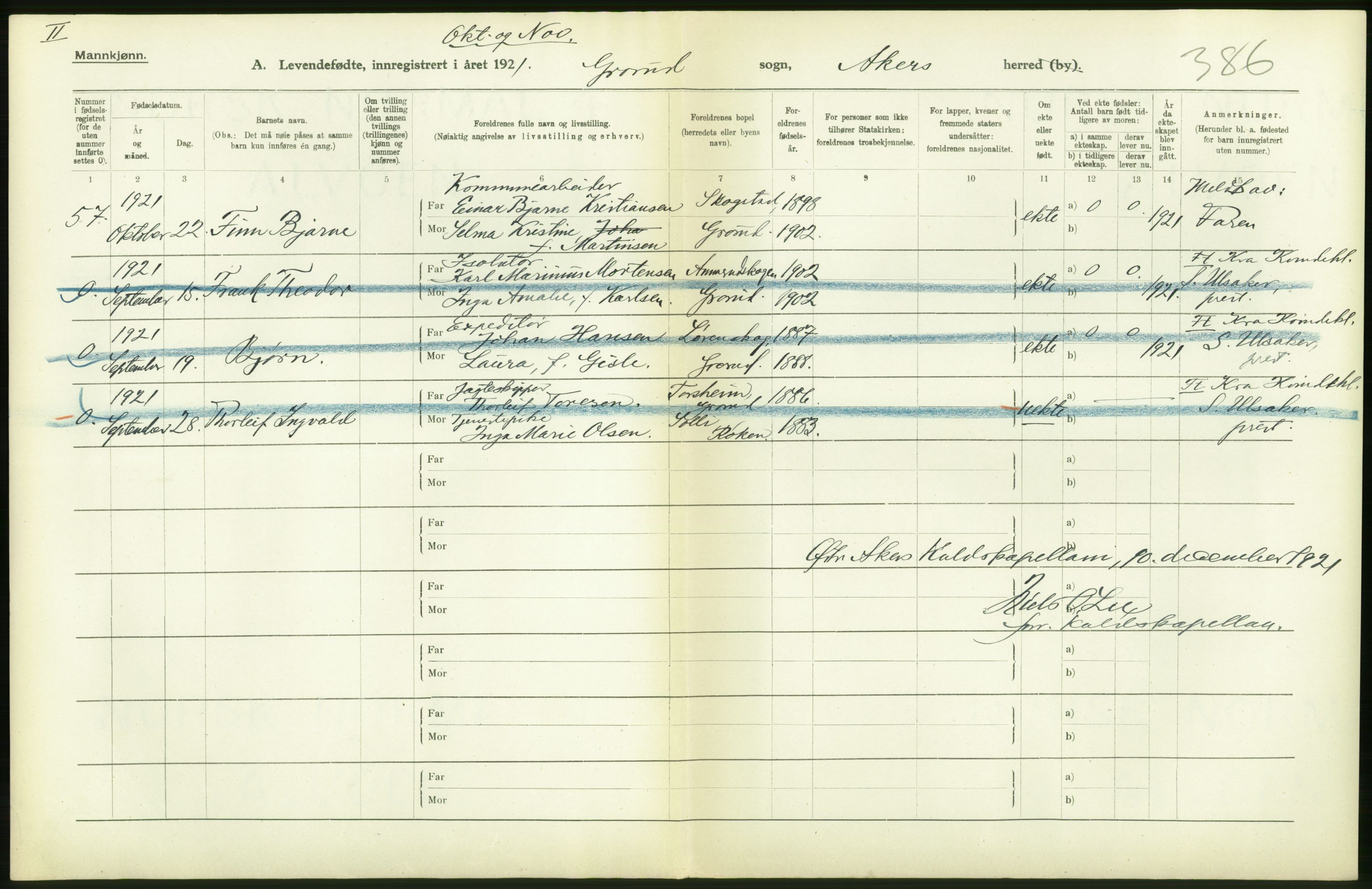 Statistisk sentralbyrå, Sosiodemografiske emner, Befolkning, AV/RA-S-2228/D/Df/Dfc/Dfca/L0004: Akershus fylke: Levendefødte menn og kvinner. Bygder., 1921, p. 88