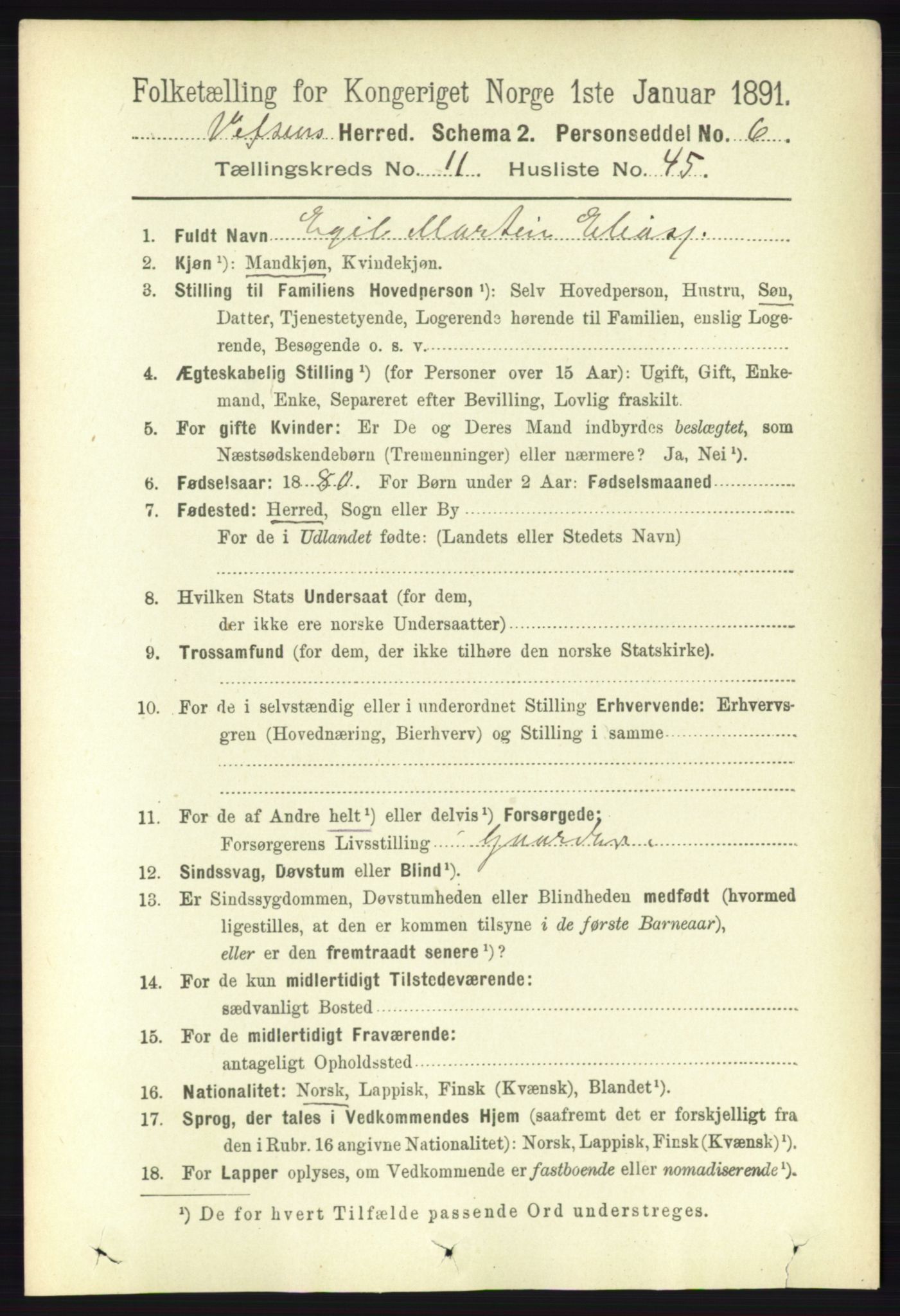 RA, 1891 census for 1824 Vefsn, 1891, p. 5912