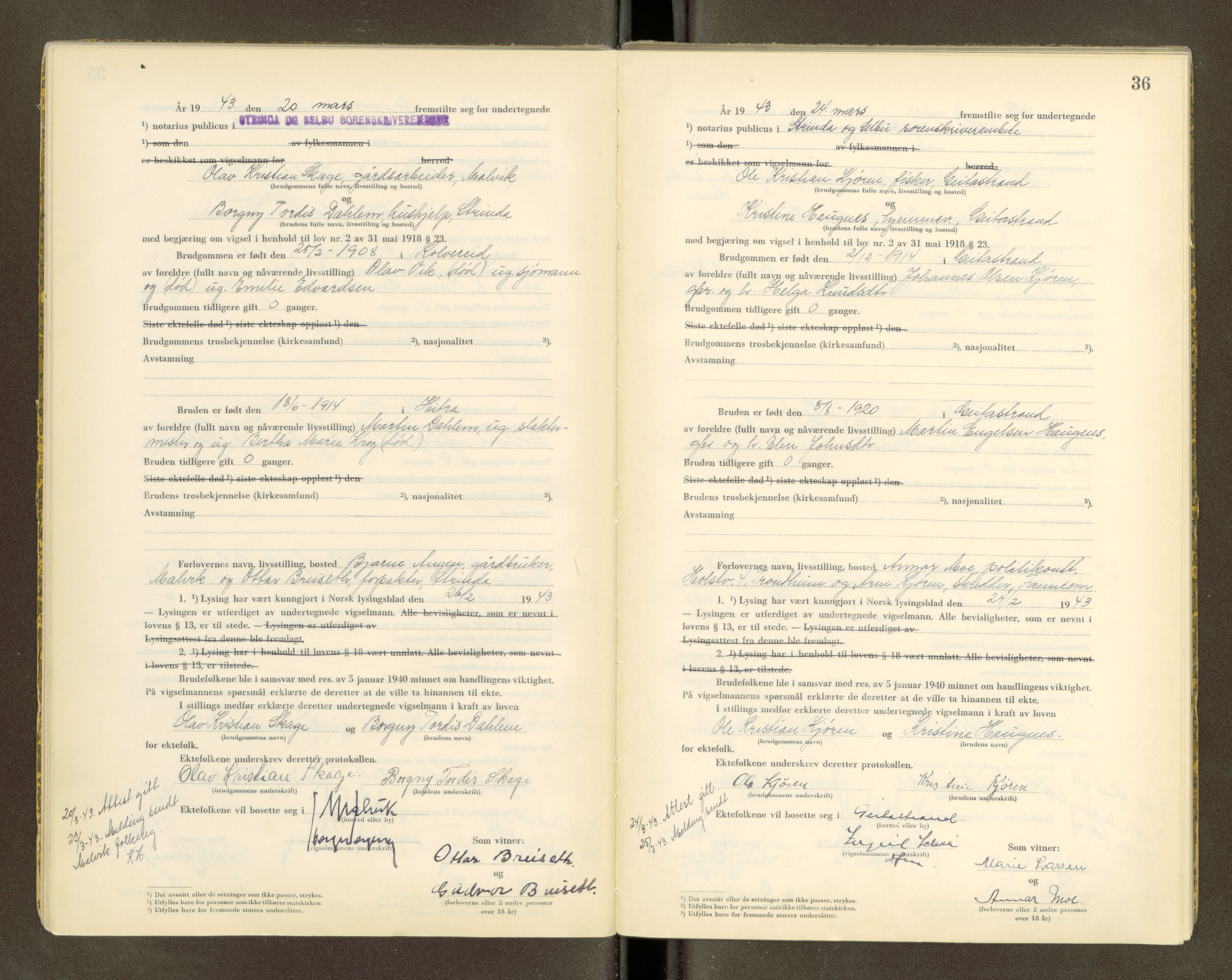Strinda og Selbu sorenskriveri, AV/SAT-A-0015/6/6D/L0005: Vigselsbok, 1942-1943, p. 36