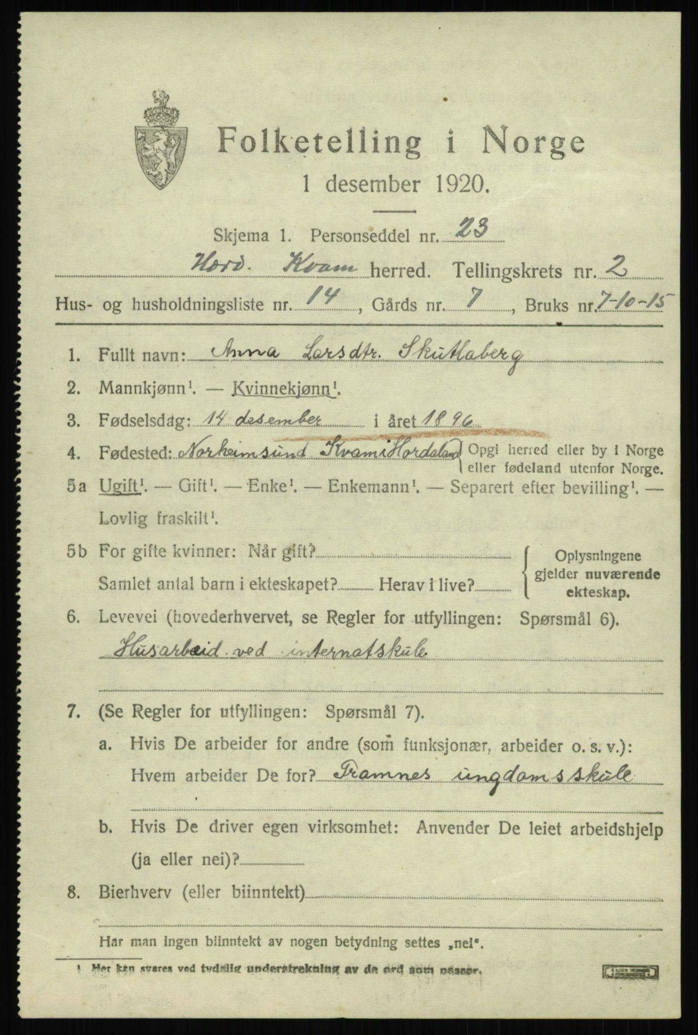 SAB, 1920 census for Kvam, 1920, p. 2015