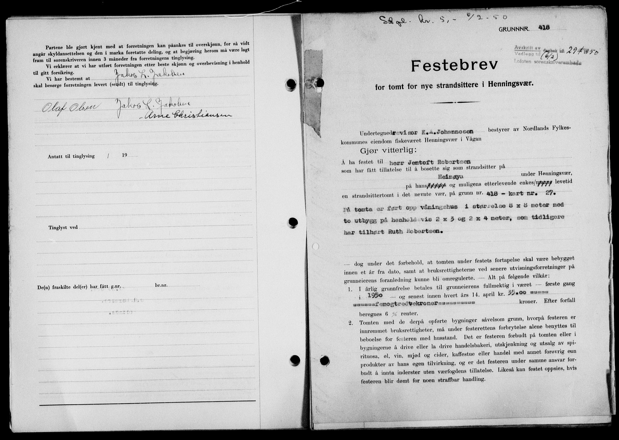 Lofoten sorenskriveri, SAT/A-0017/1/2/2C/L0023a: Mortgage book no. 23a, 1950-1950, Diary no: : 294/1950