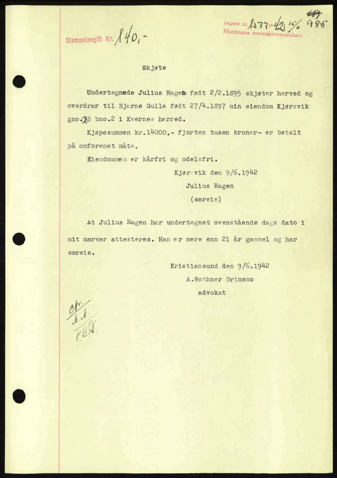 Nordmøre sorenskriveri, AV/SAT-A-4132/1/2/2Ca: Mortgage book no. A92, 1942-1942, Diary no: : 1577/1942