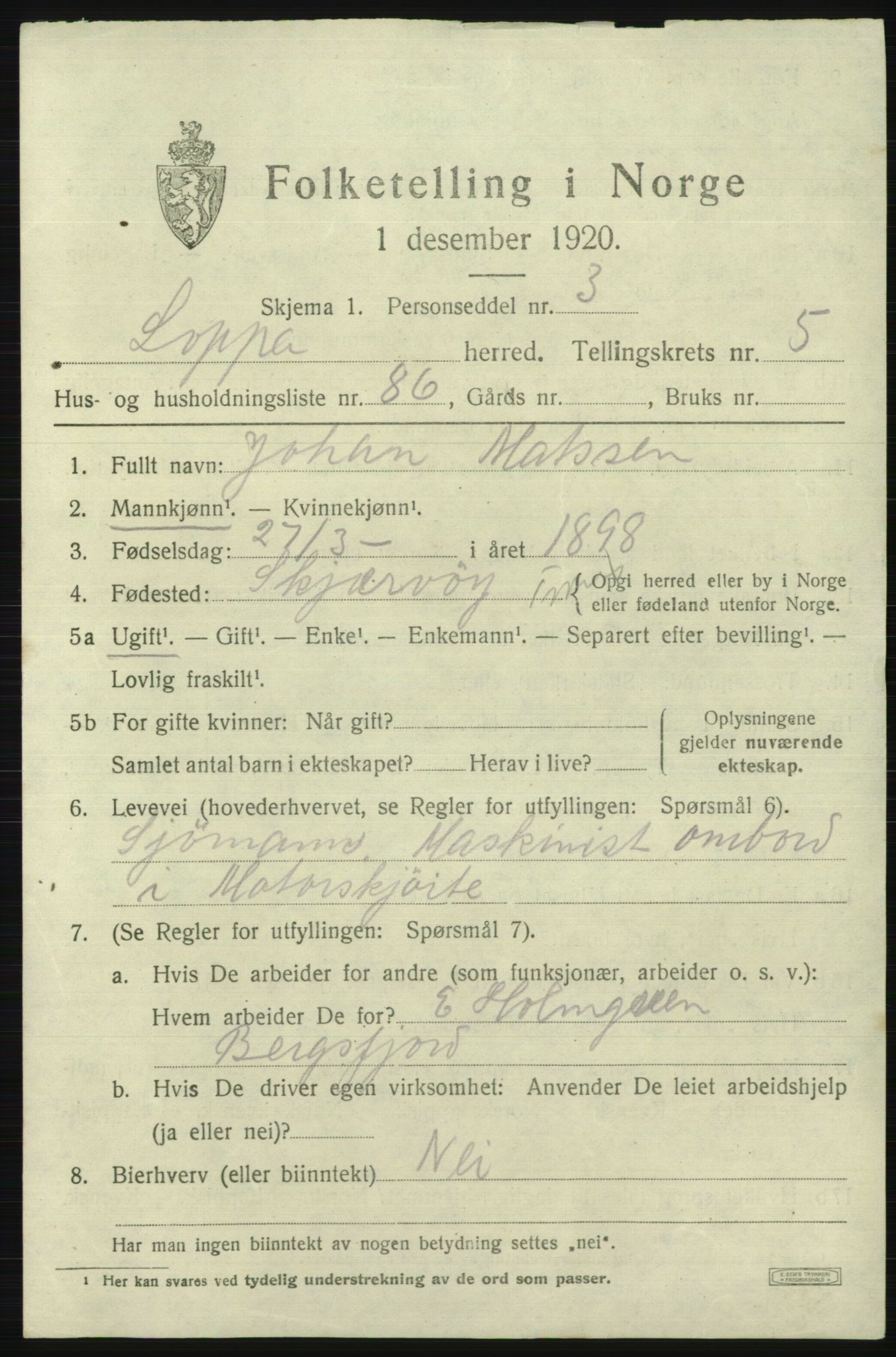 SATØ, 1920 census for Loppa, 1920, p. 2530