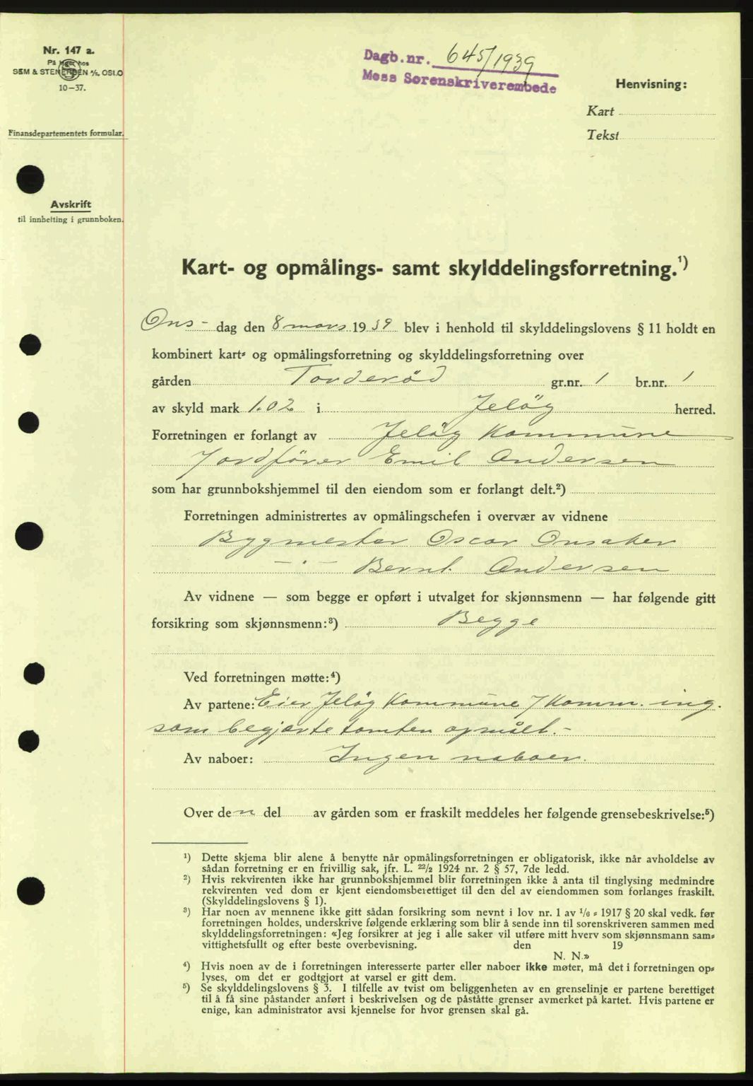 Moss sorenskriveri, SAO/A-10168: Mortgage book no. A5, 1938-1939, Diary no: : 645/1939