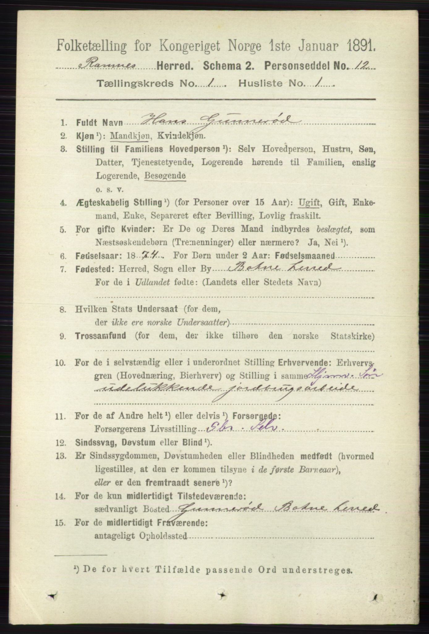 RA, 1891 census for 0718 Ramnes, 1891, p. 104