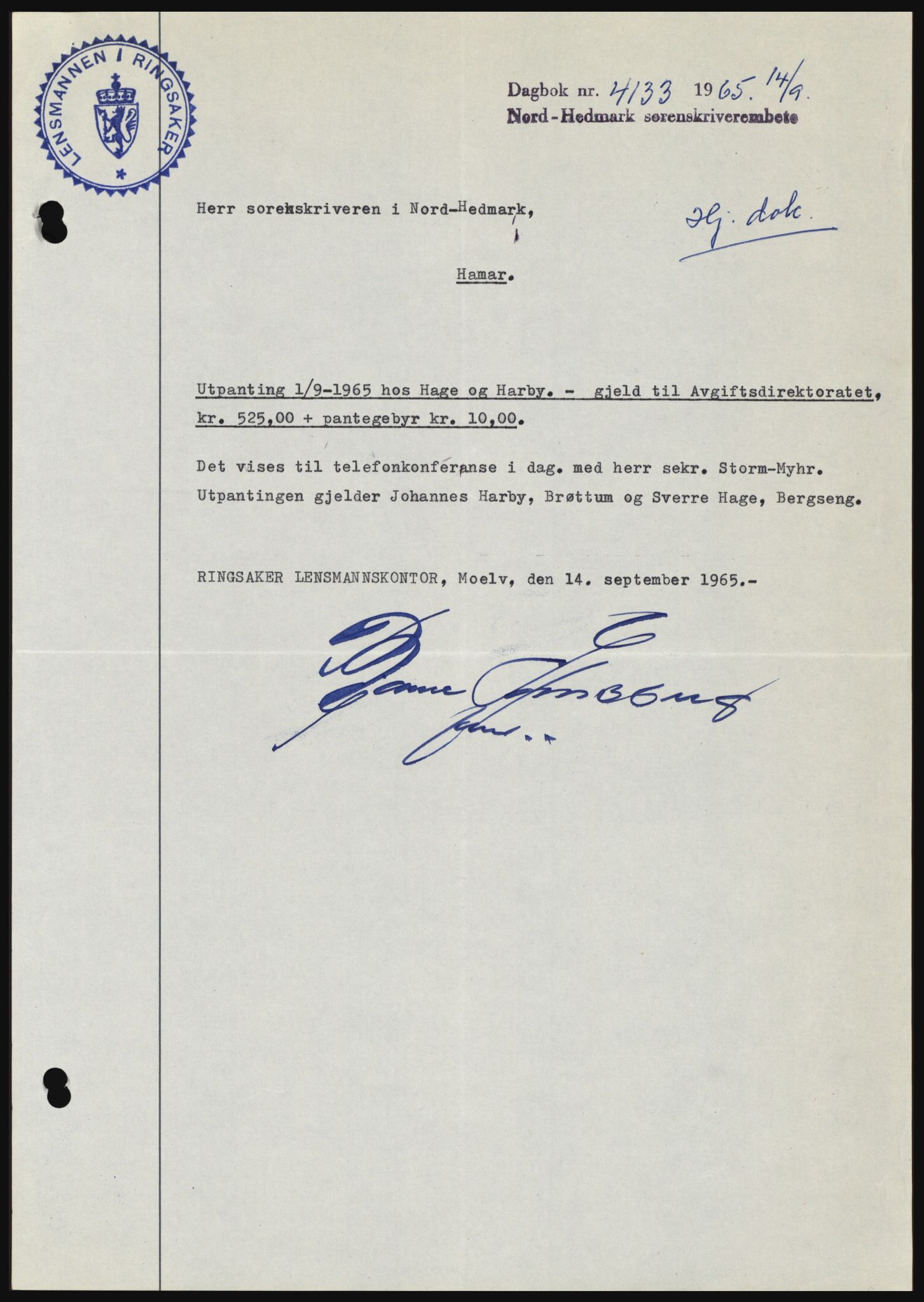 Nord-Hedmark sorenskriveri, SAH/TING-012/H/Hc/L0022: Mortgage book no. 22, 1965-1965, Diary no: : 4133/1965