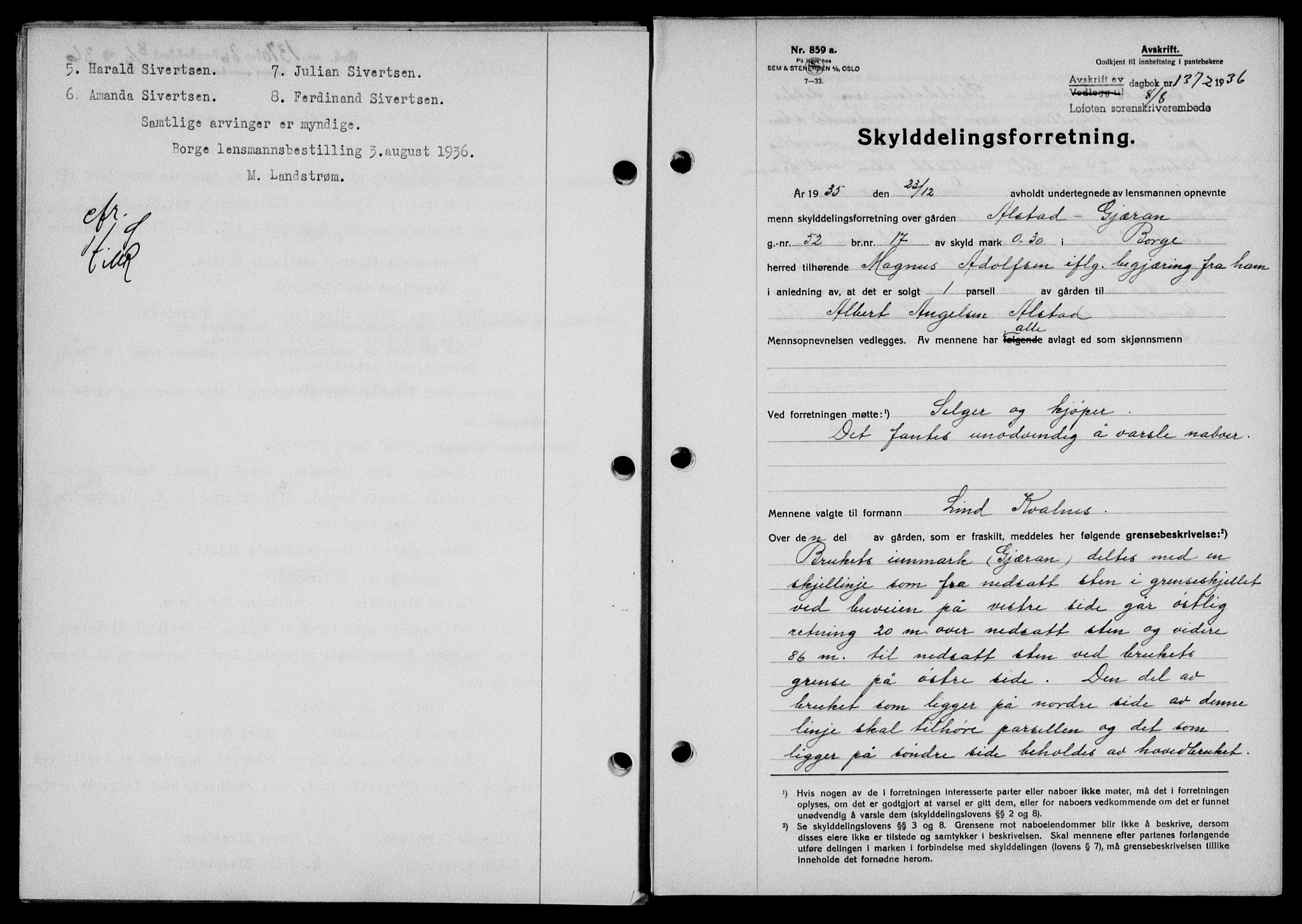 Lofoten sorenskriveri, SAT/A-0017/1/2/2C/L0001a: Mortgage book no. 1a, 1936-1937, Diary no: : 1372/1936