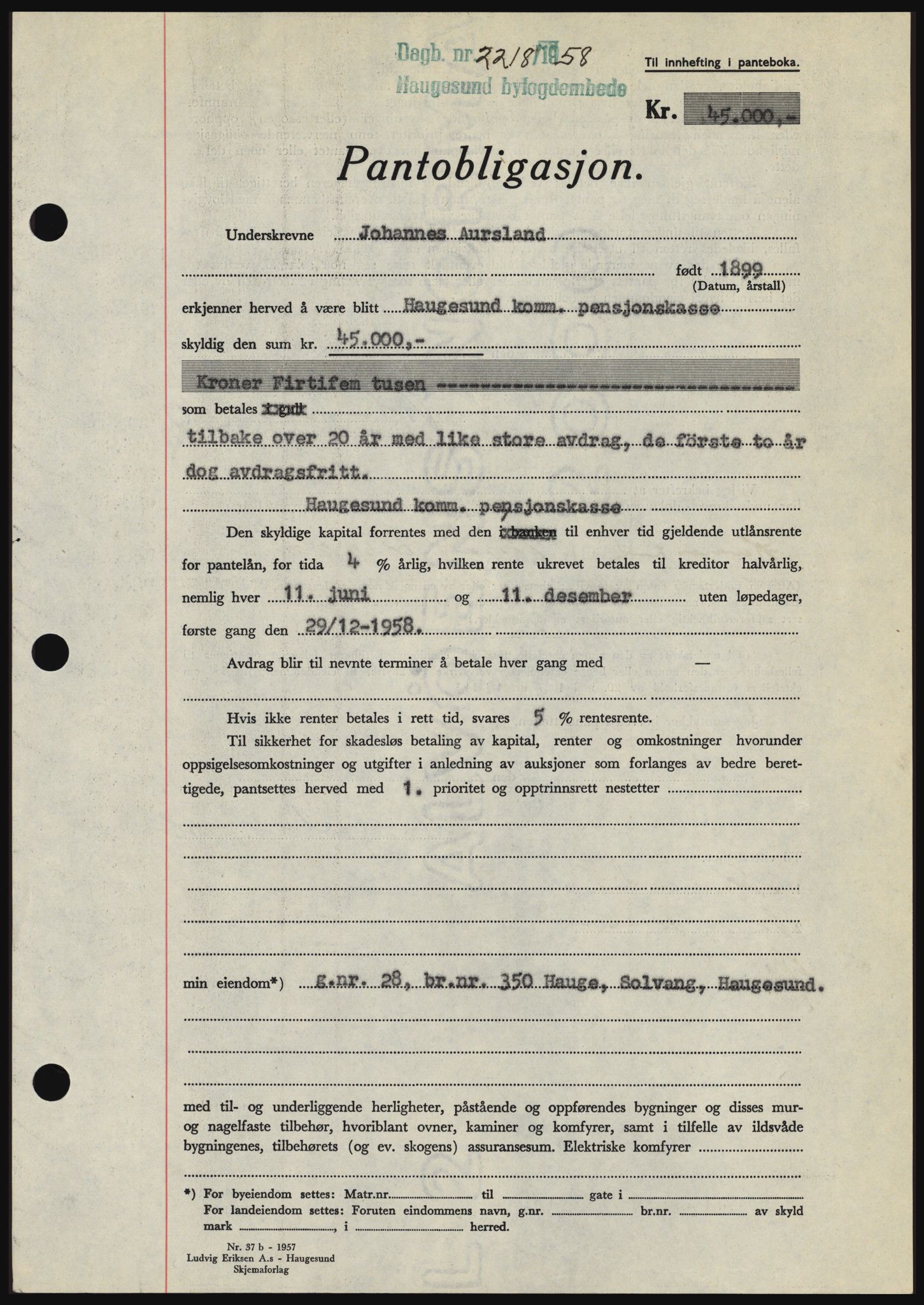 Haugesund tingrett, SAST/A-101415/01/II/IIC/L0044: Mortgage book no. B 44, 1958-1959, Diary no: : 2218/1958