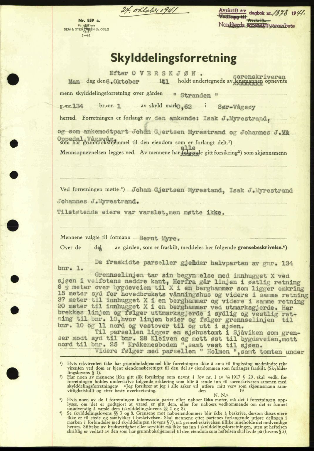 Nordfjord sorenskriveri, AV/SAB-A-2801/02/02b/02bj/L0006: Mortgage book no. A6, 1940-1941, Diary no: : 1378/1941