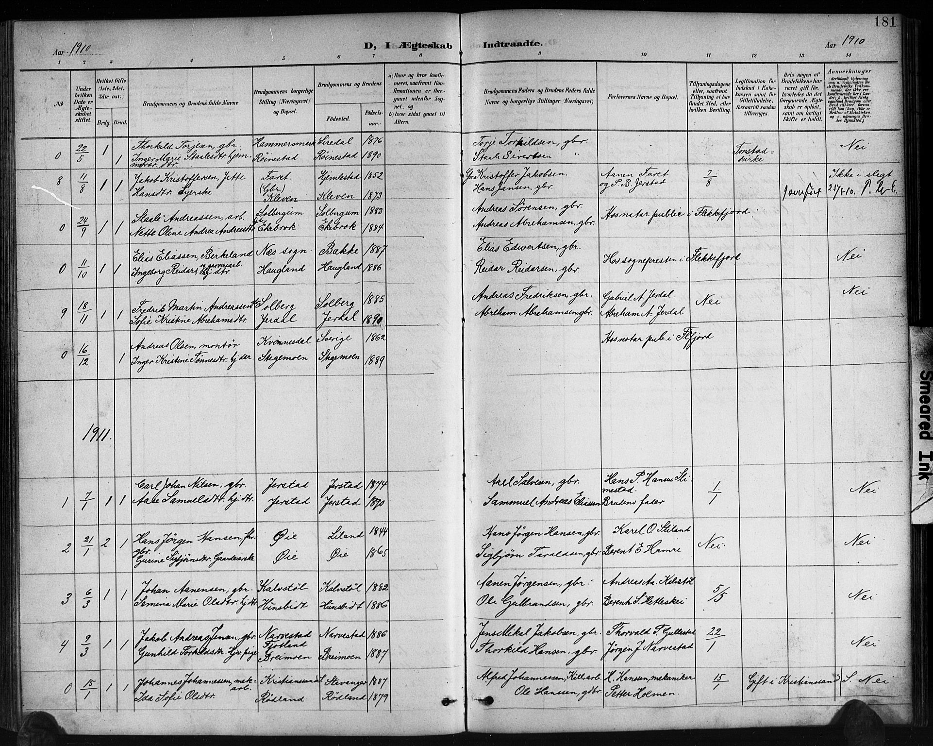 Kvinesdal sokneprestkontor, AV/SAK-1111-0026/F/Fb/Fbb/L0003: Parish register (copy) no. B 3, 1898-1916, p. 181