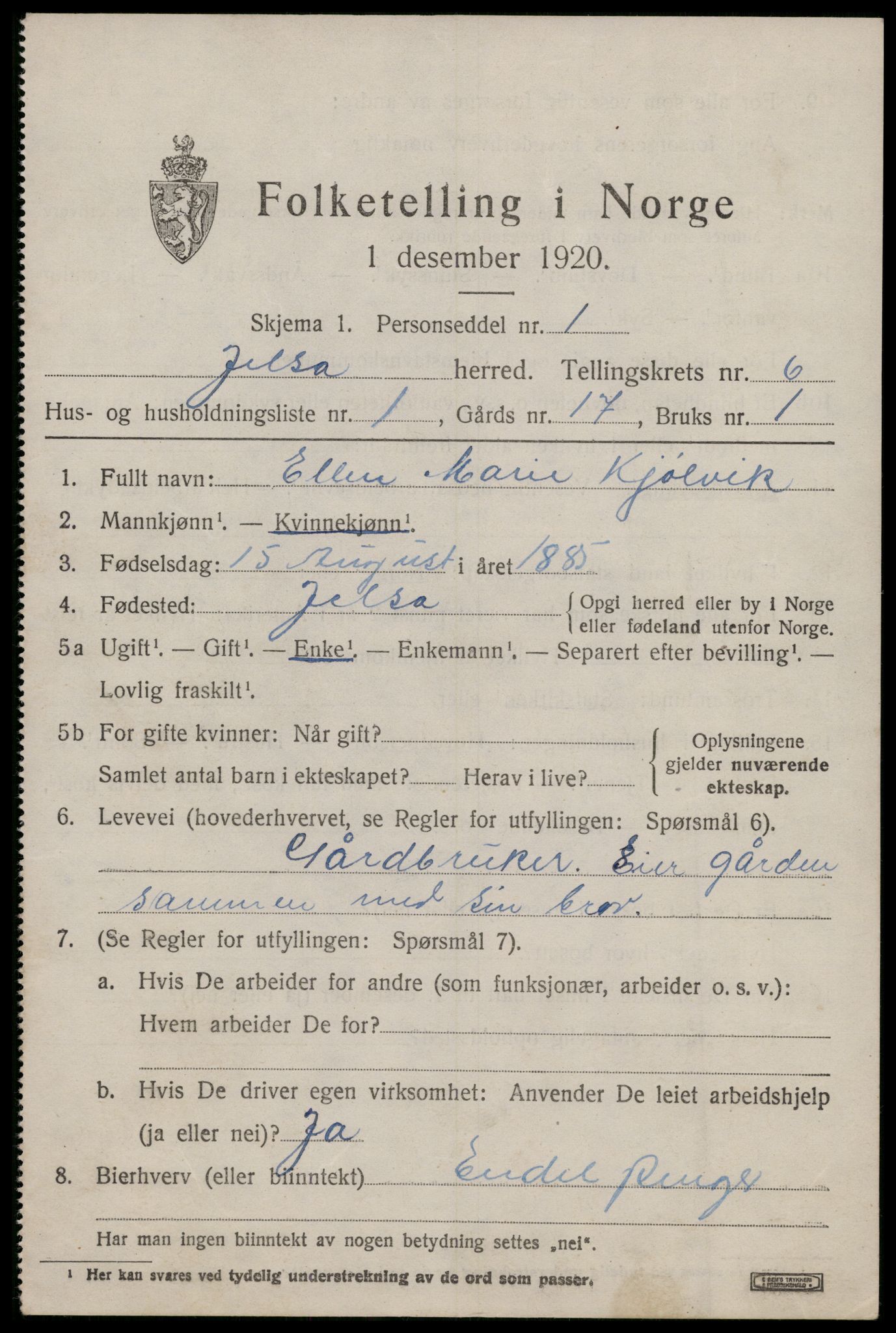 SAST, 1920 census for Jelsa, 1920, p. 1652