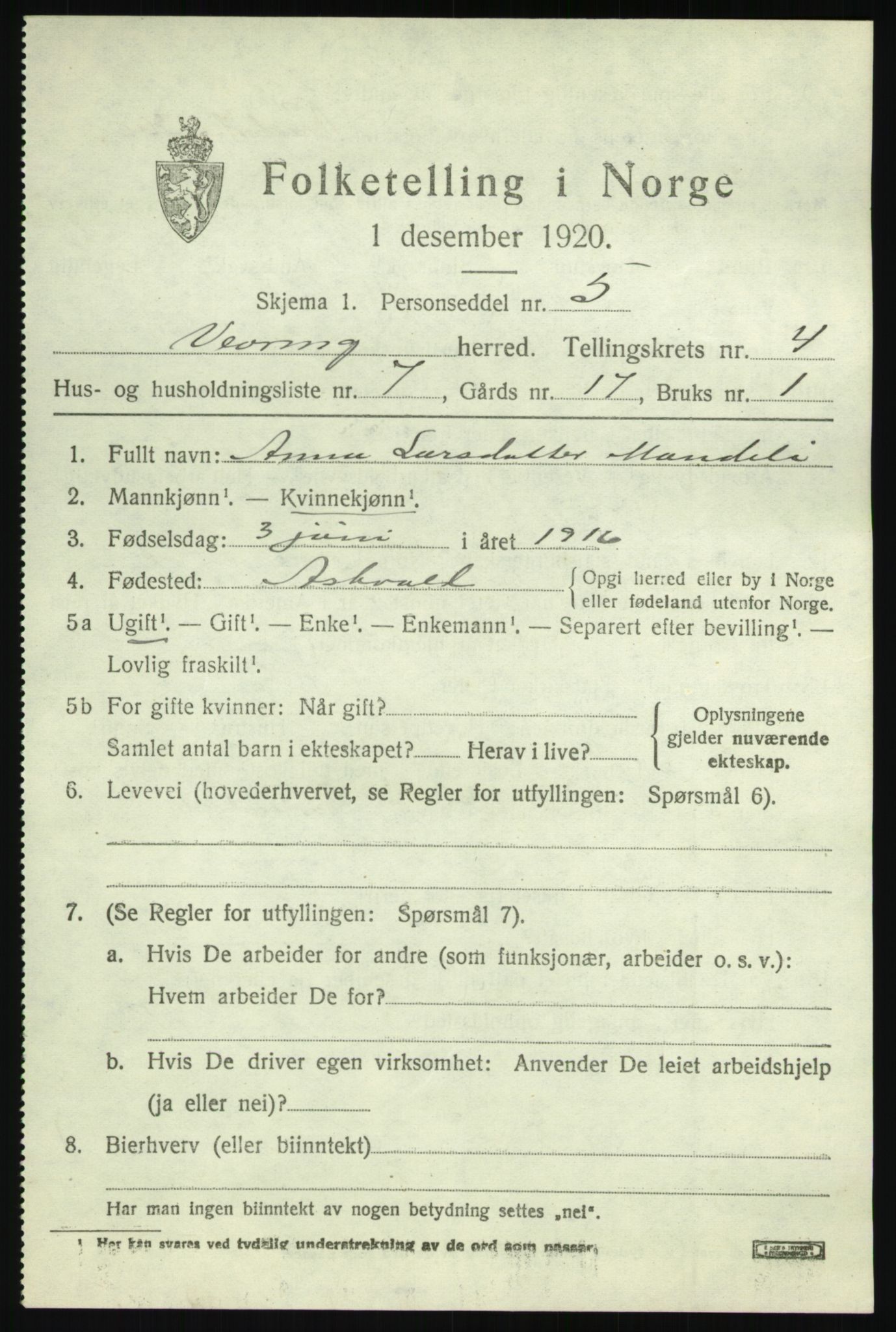 SAB, 1920 census for Vevring, 1920, p. 1400