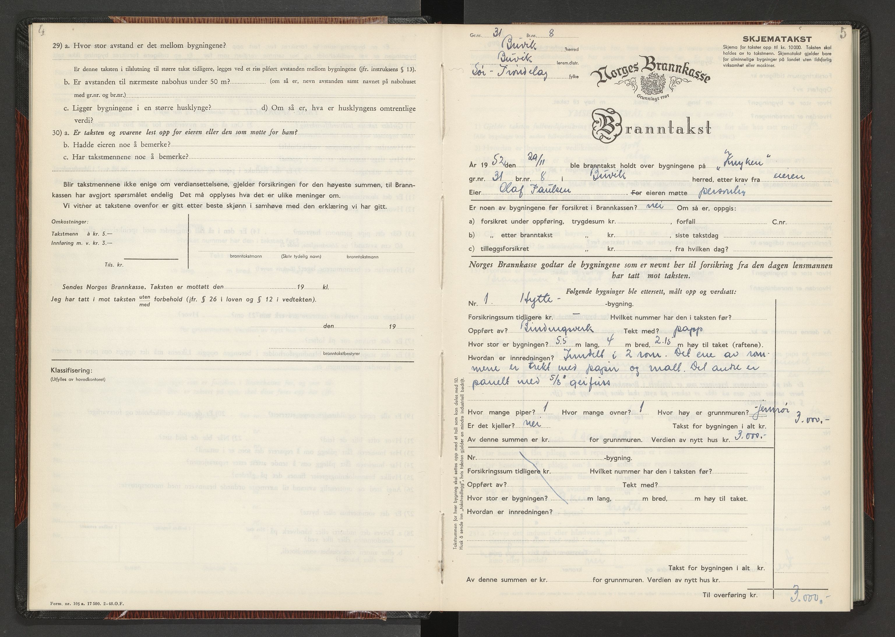 Norges Brannkasse Buvik, AV/SAT-A-5536/Fb/L0002: Branntakstprotokoll, 1952-1955