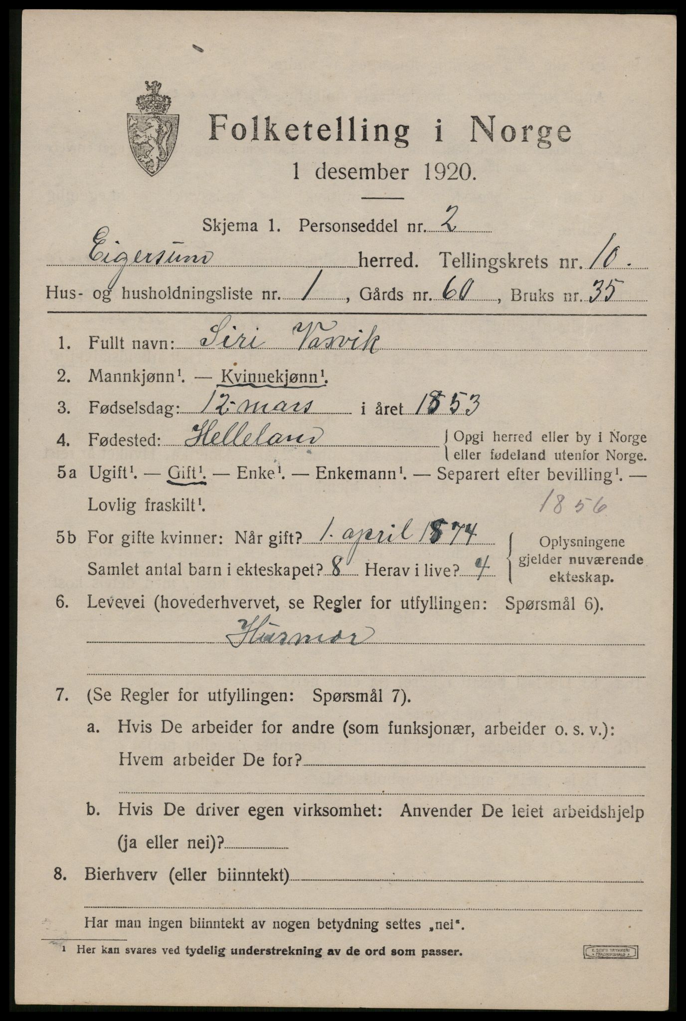 SAST, 1920 census for Eigersund, 1920, p. 6319