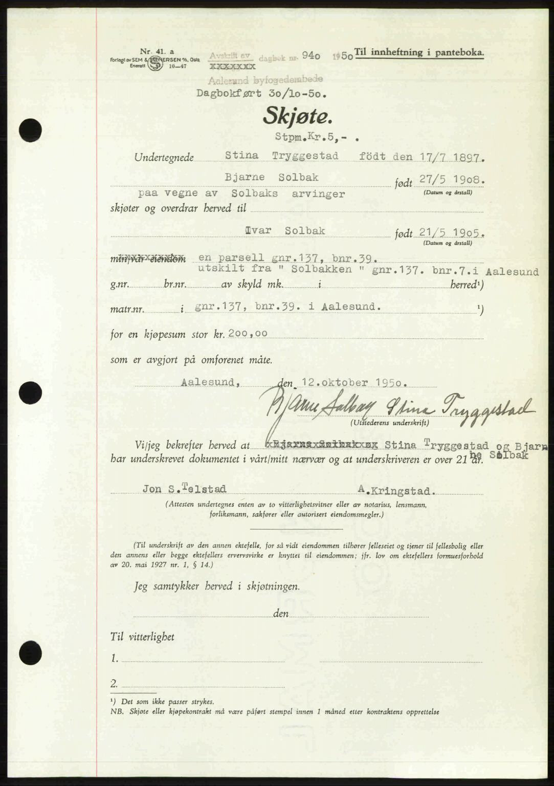 Ålesund byfogd, AV/SAT-A-4384: Mortgage book no. 37A (2), 1949-1950, Diary no: : 940/1950