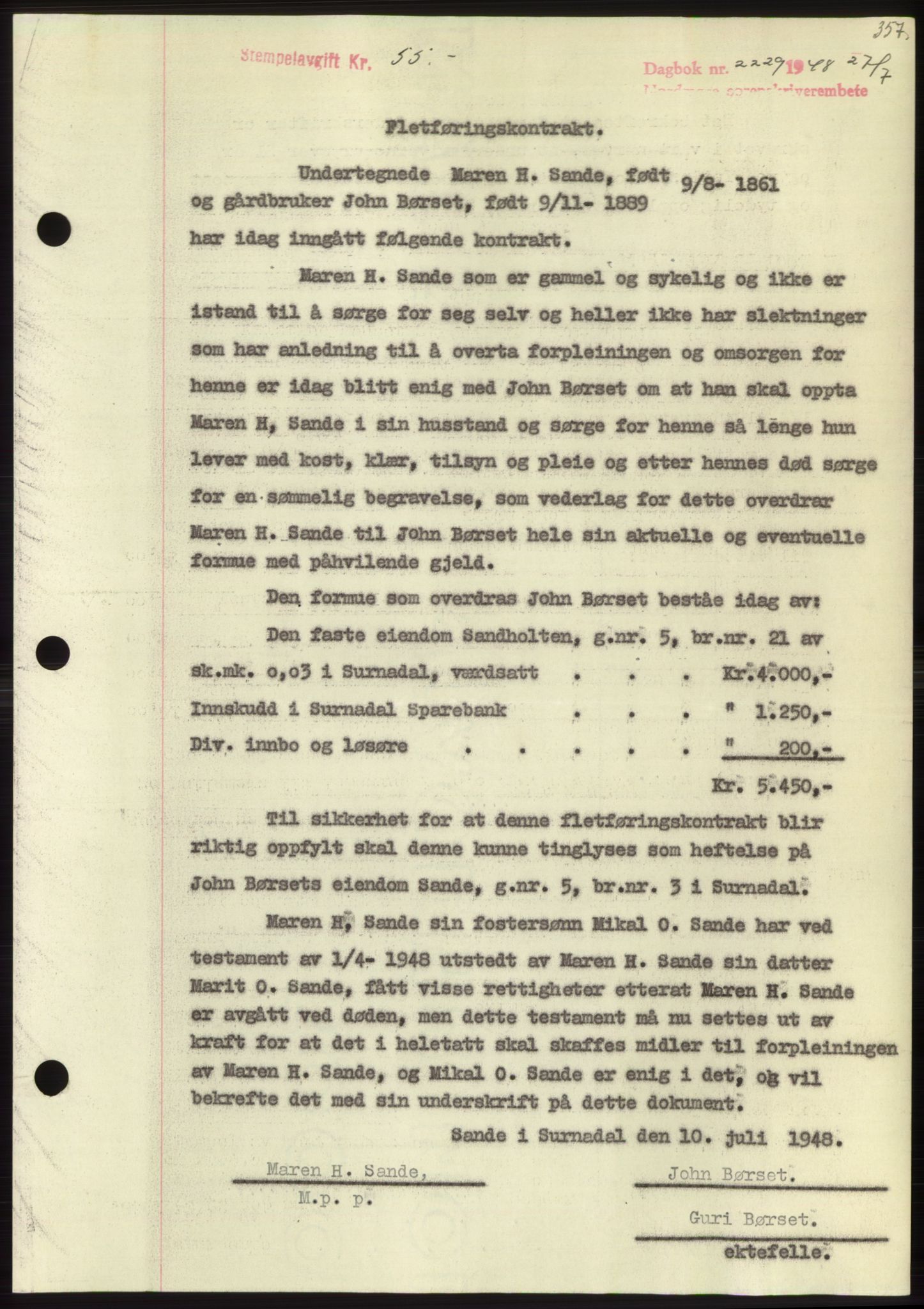 Nordmøre sorenskriveri, AV/SAT-A-4132/1/2/2Ca: Mortgage book no. B99, 1948-1948, Diary no: : 2229/1948