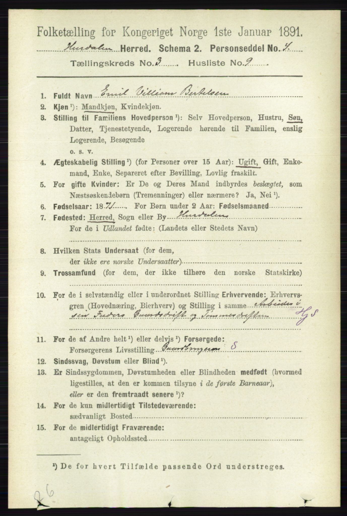 RA, 1891 census for 0239 Hurdal, 1891, p. 1100