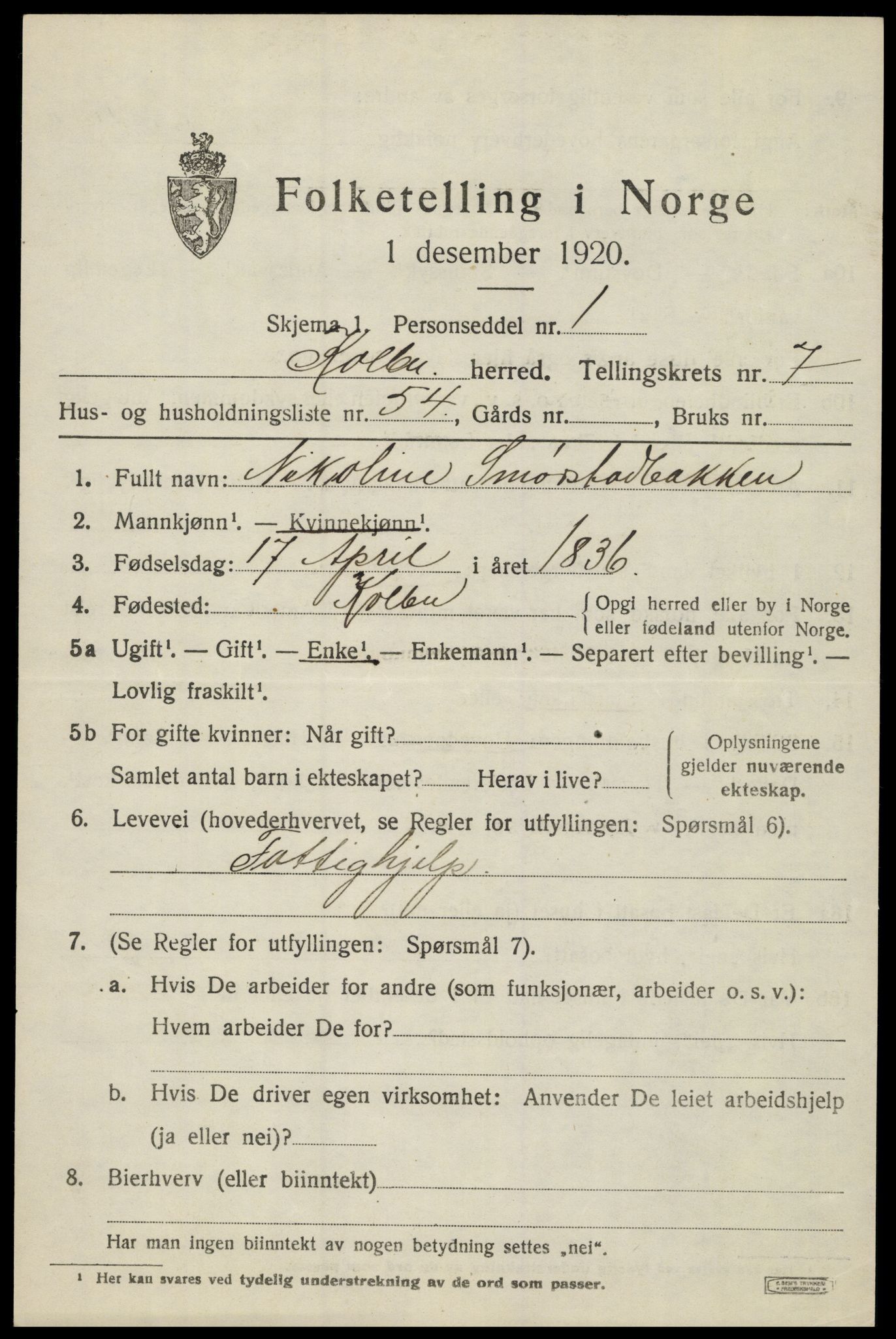 SAH, 1920 census for Kolbu, 1920, p. 5568