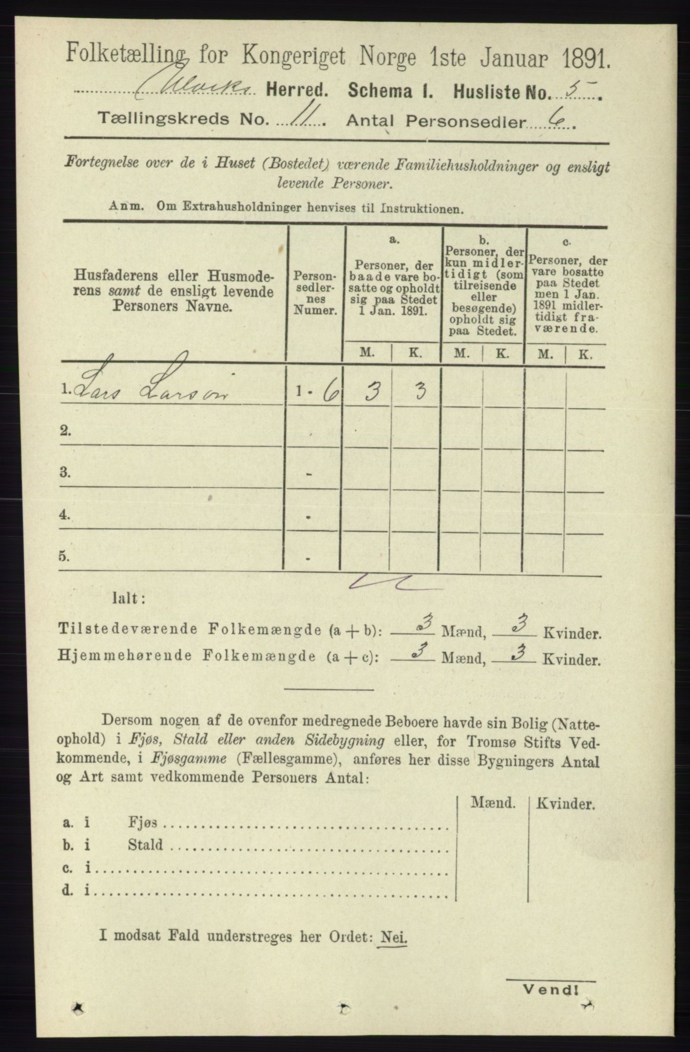 RA, 1891 census for 1233 Ulvik, 1891, p. 3444