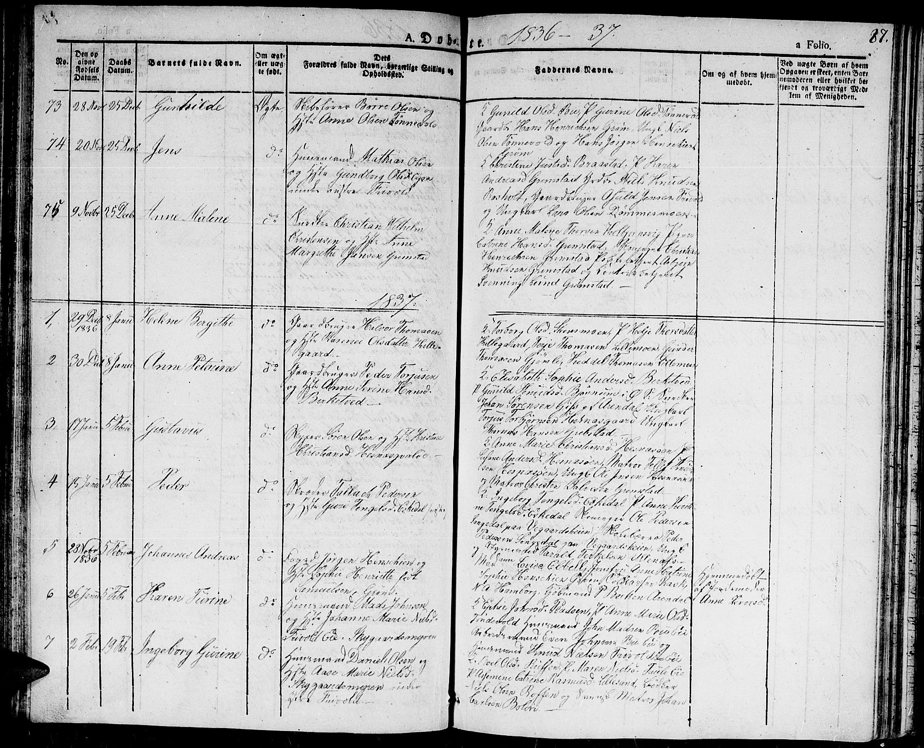 Fjære sokneprestkontor, SAK/1111-0011/F/Fa/L0002: Parish register (official) no. A 2, 1827-1839, p. 87