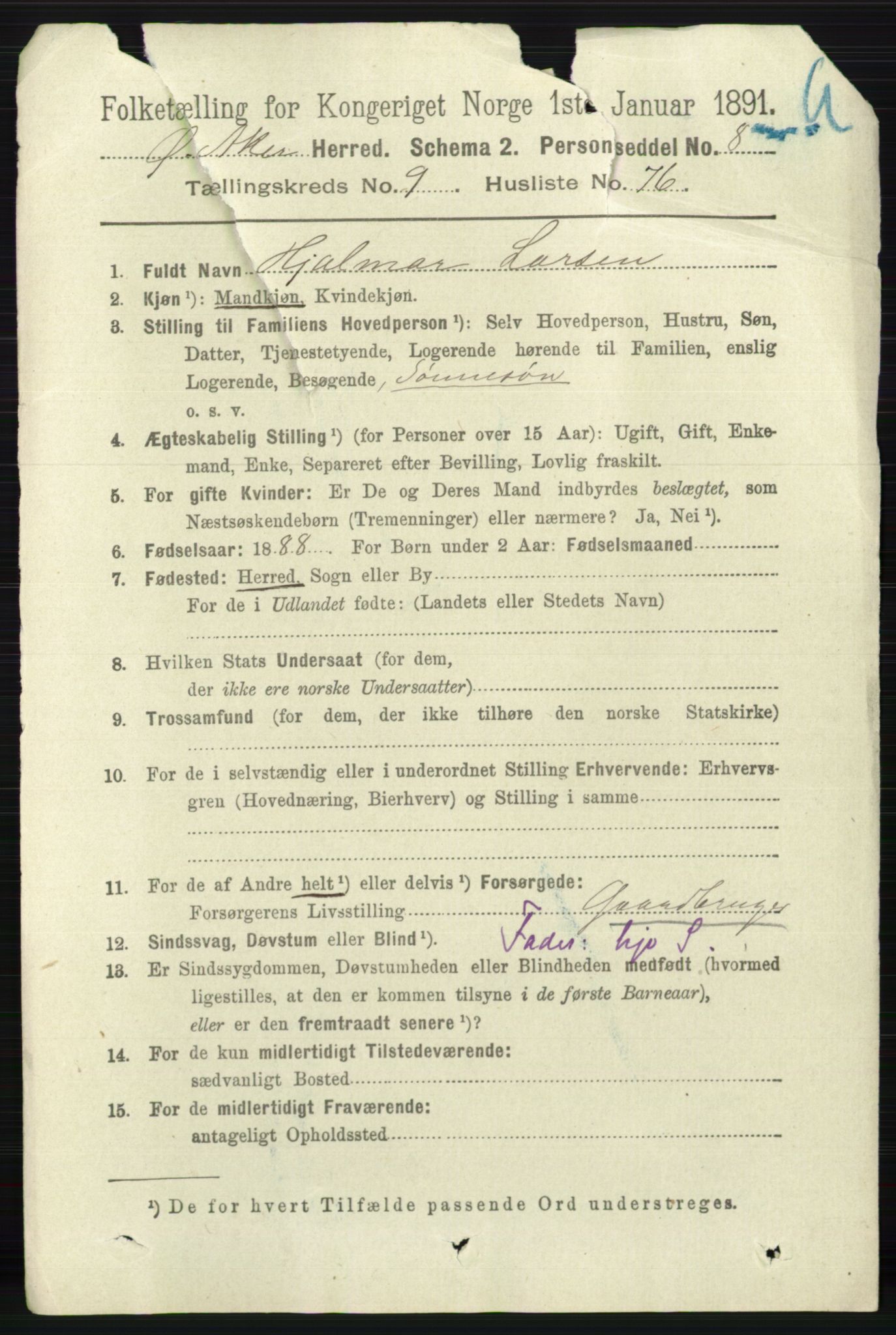 RA, 1891 census for 0218 Aker, 1891, p. 8801