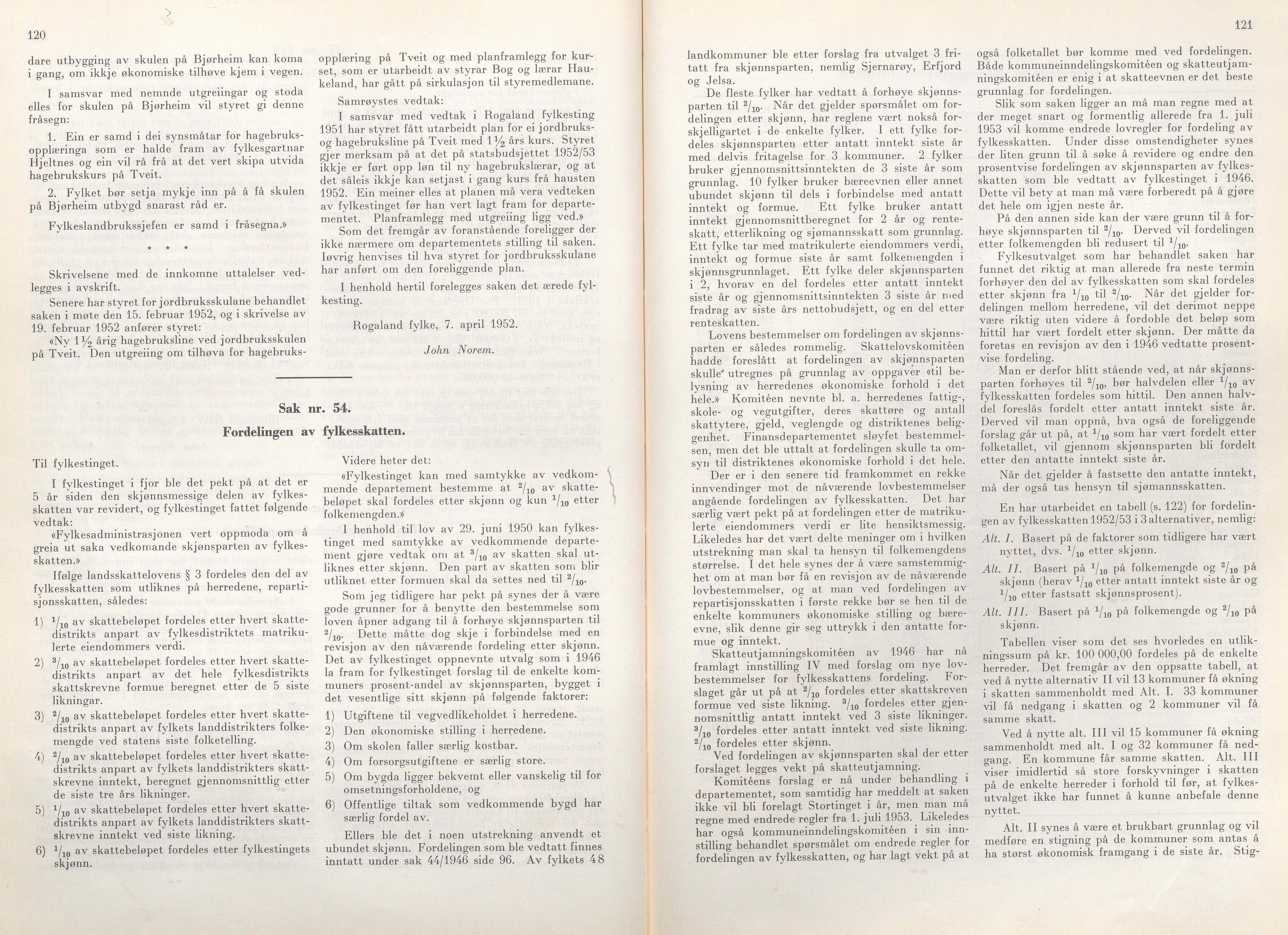 Rogaland fylkeskommune - Fylkesrådmannen , IKAR/A-900/A/Aa/Aaa/L0071: Møtebok , 1952, p. 120-121