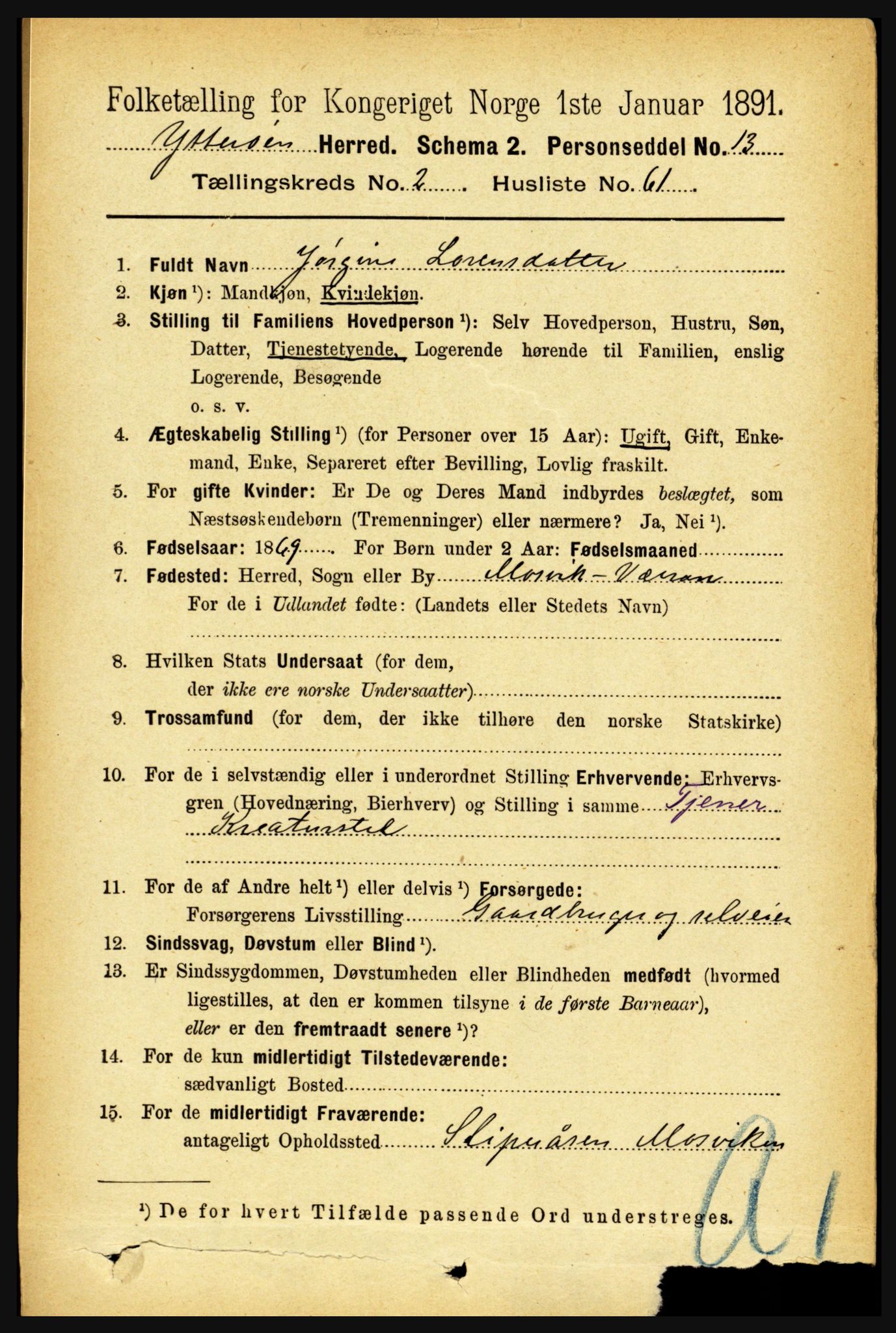 RA, 1891 census for 1722 Ytterøy, 1891, p. 1169