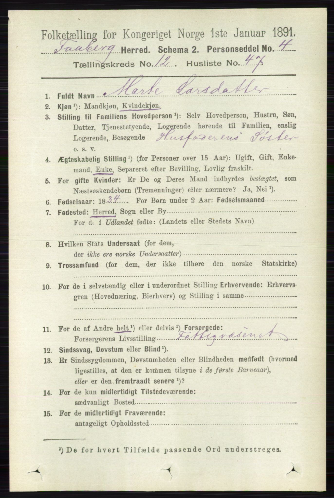 RA, 1891 census for 0524 Fåberg, 1891, p. 5011