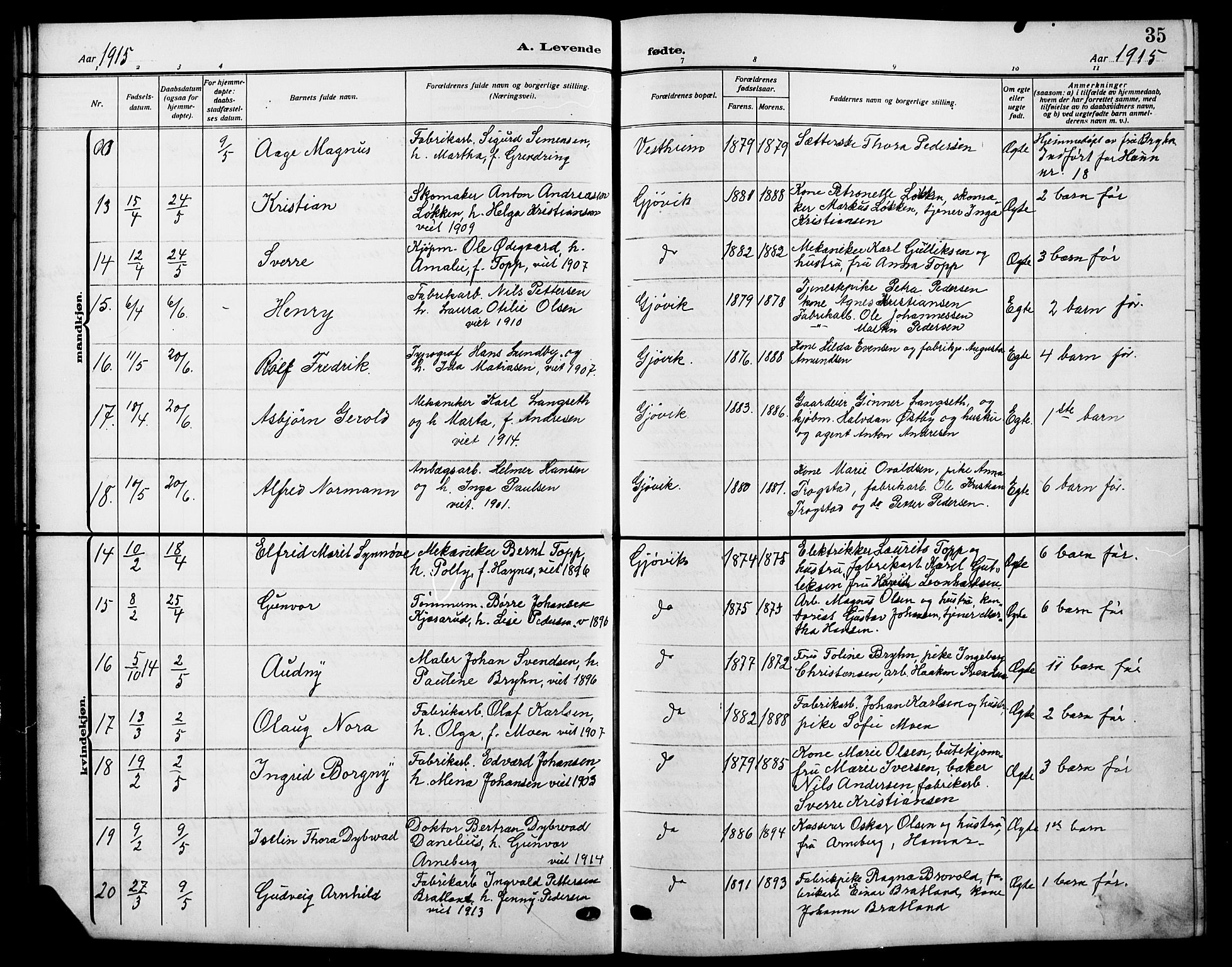 Vardal prestekontor, AV/SAH-PREST-100/H/Ha/Hab/L0014: Parish register (copy) no. 14, 1911-1922, p. 35