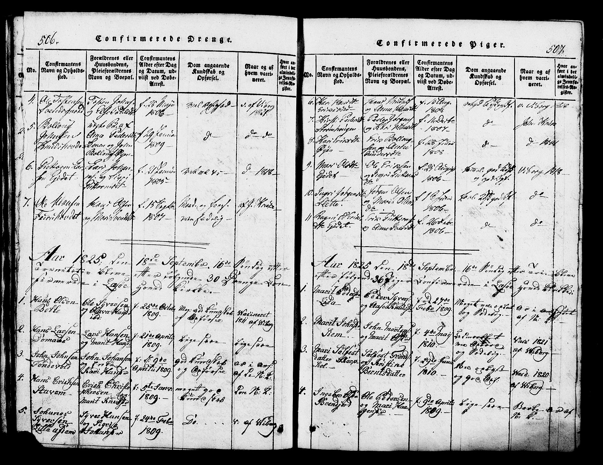 Lesja prestekontor, SAH/PREST-068/H/Ha/Hab/L0001: Parish register (copy) no. 1, 1820-1831, p. 506-507