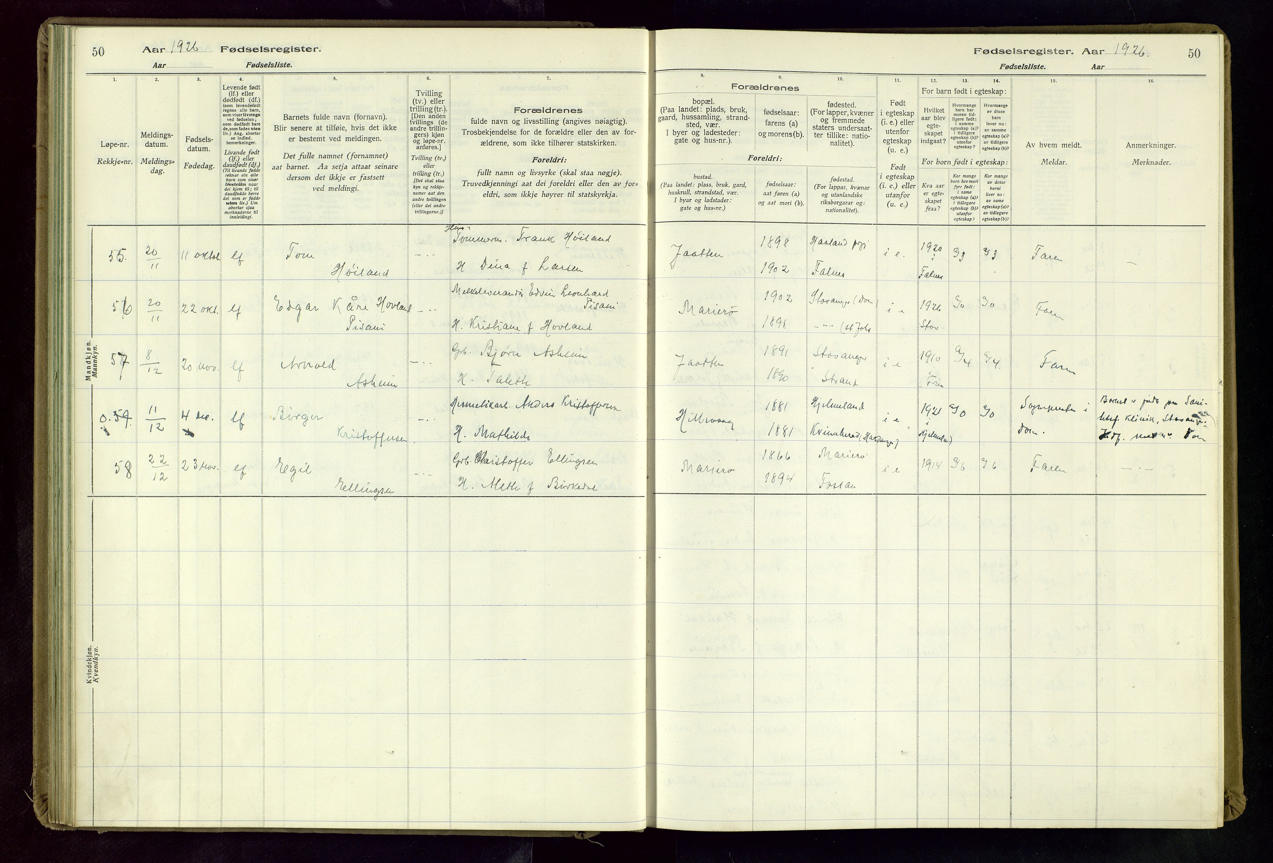 Hetland sokneprestkontor, SAST/A-101826/70/704BA/L0004: Birth register no. 4, 1923-1937, p. 50