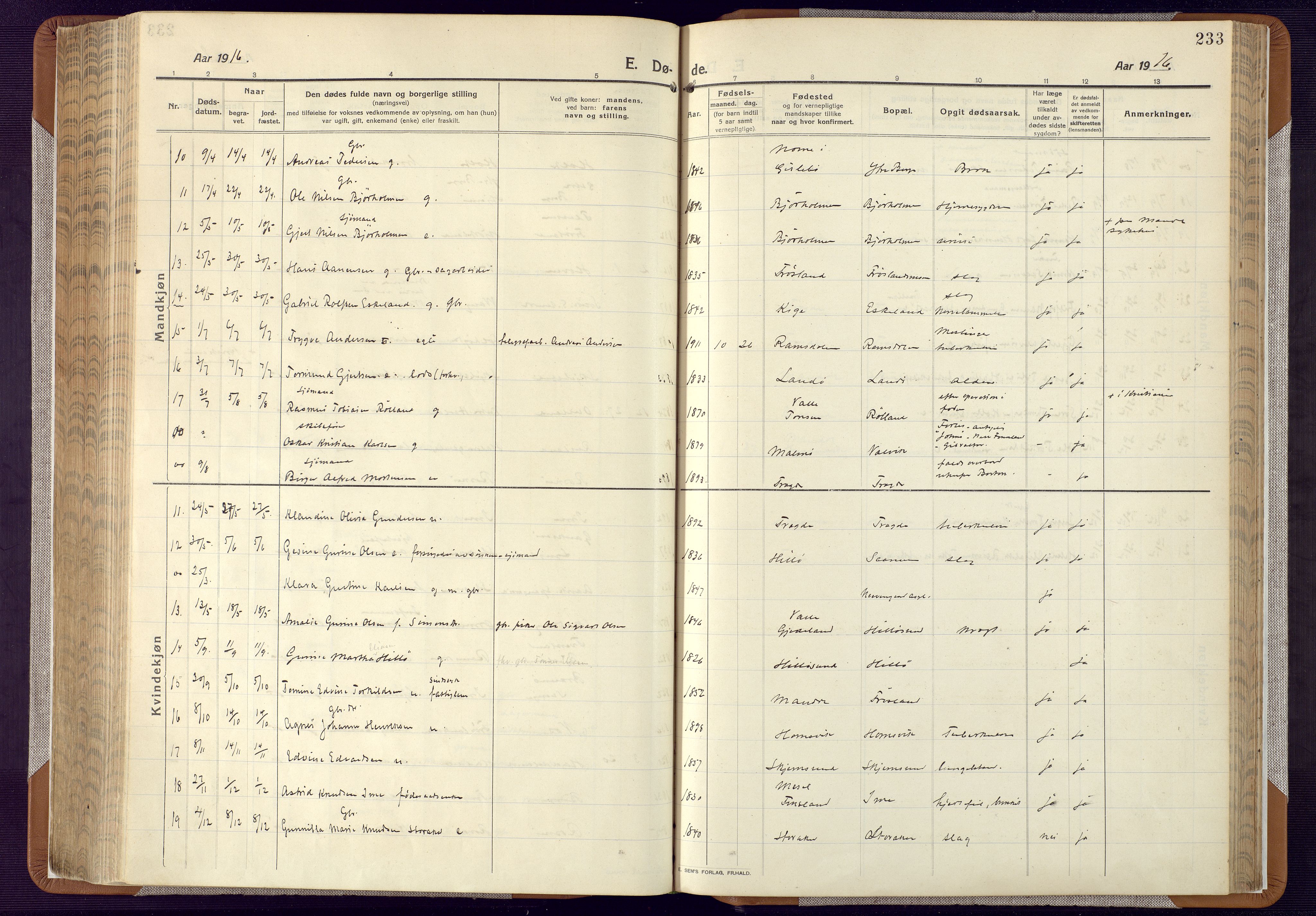 Mandal sokneprestkontor, AV/SAK-1111-0030/F/Fa/Faa/L0022: Parish register (official) no. A 22, 1913-1925, p. 233