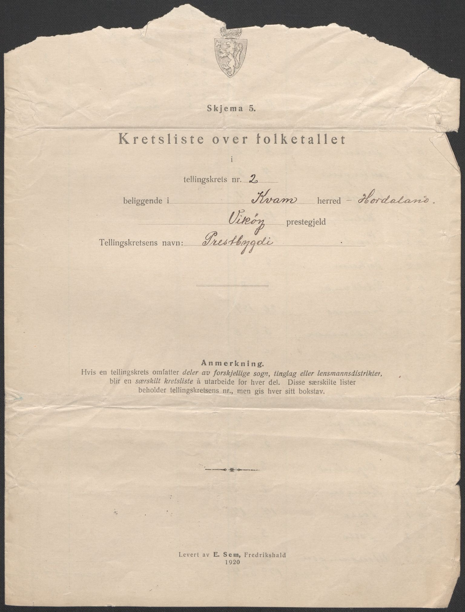 SAB, 1920 census for Kvam, 1920, p. 10