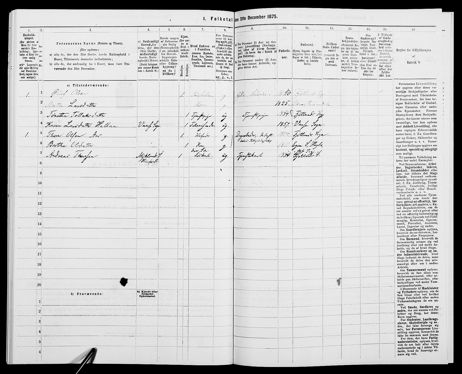 SAK, 1875 census for 1036P Fjotland, 1875, p. 294