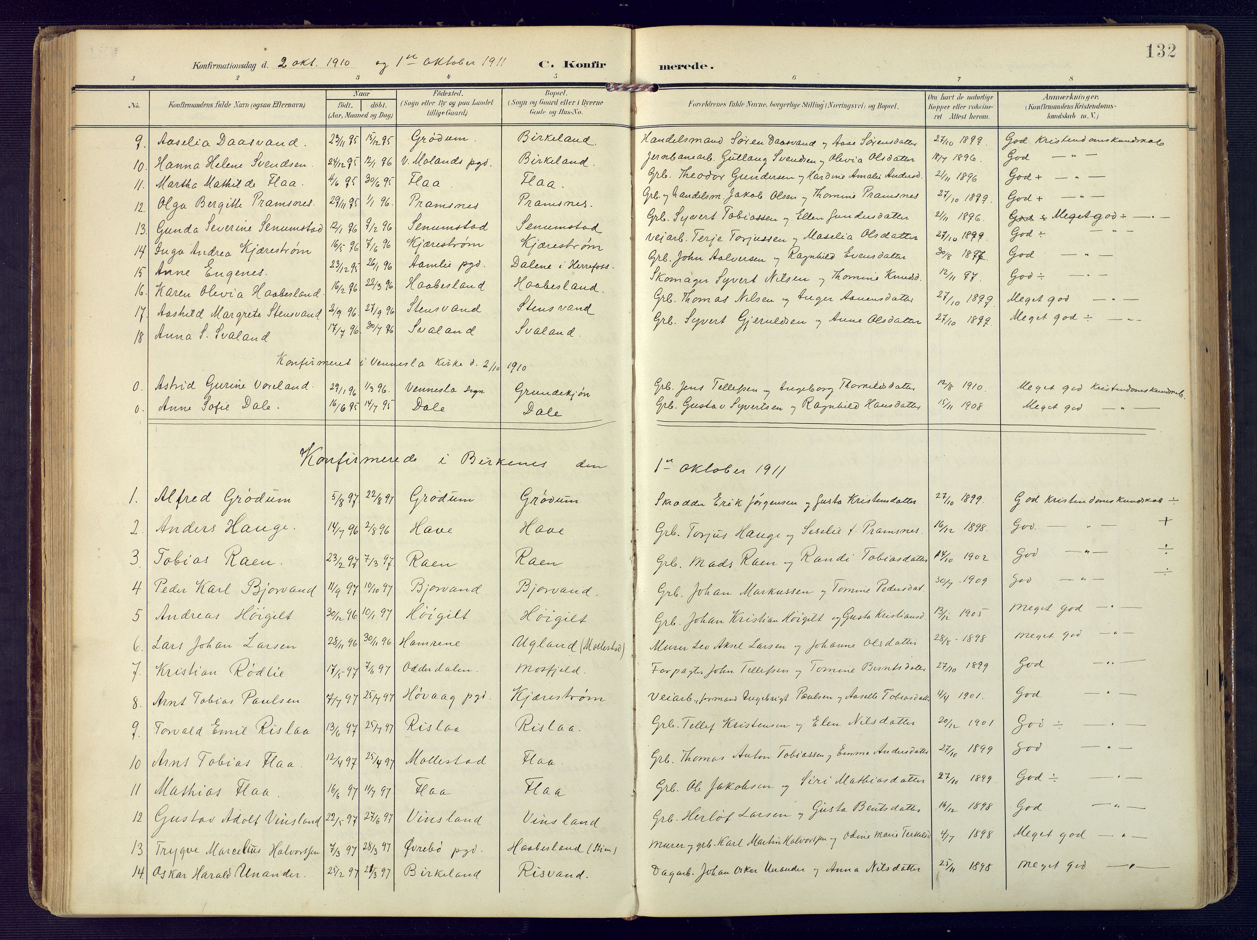 Birkenes sokneprestkontor, SAK/1111-0004/F/Fa/L0006: Parish register (official) no. A 6, 1908-1932, p. 132