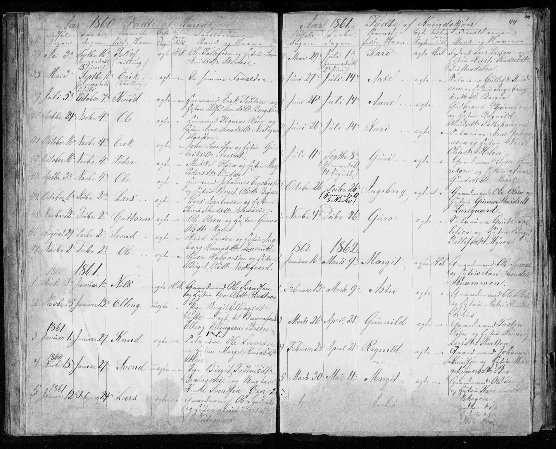 Hol kirkebøker, SAKO/A-227/F/Fa/L0001: Parish register (official) no. I 1, 1850-1870, p. 43-44