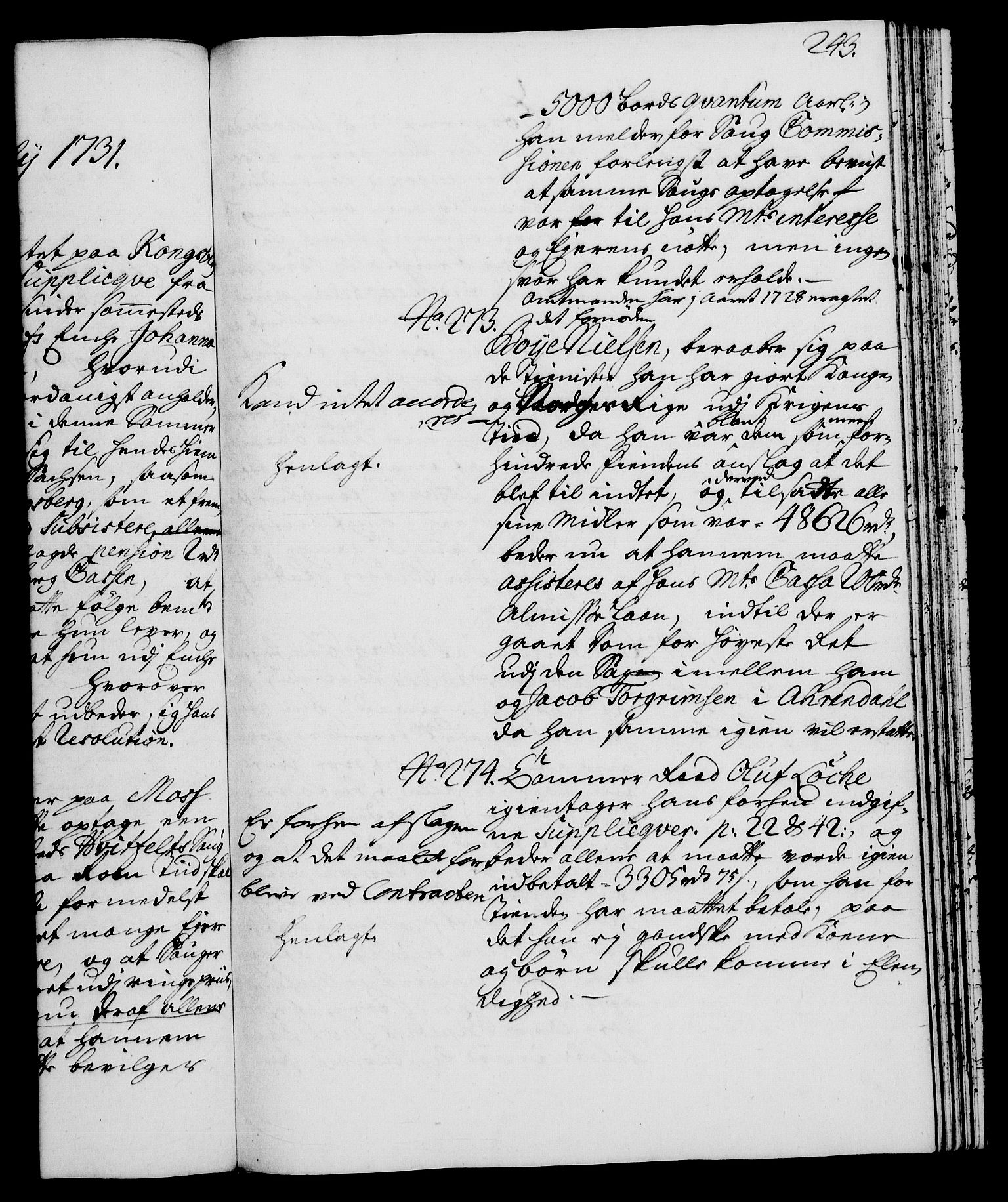 Rentekammeret, Kammerkanselliet, RA/EA-3111/G/Gh/Gha/L0013: Norsk ekstraktmemorialprotokoll (merket RK 53.58), 1731, p. 243