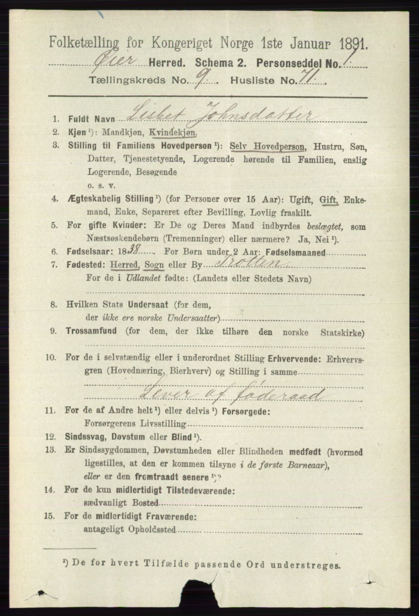 RA, 1891 census for 0521 Øyer, 1891, p. 3488