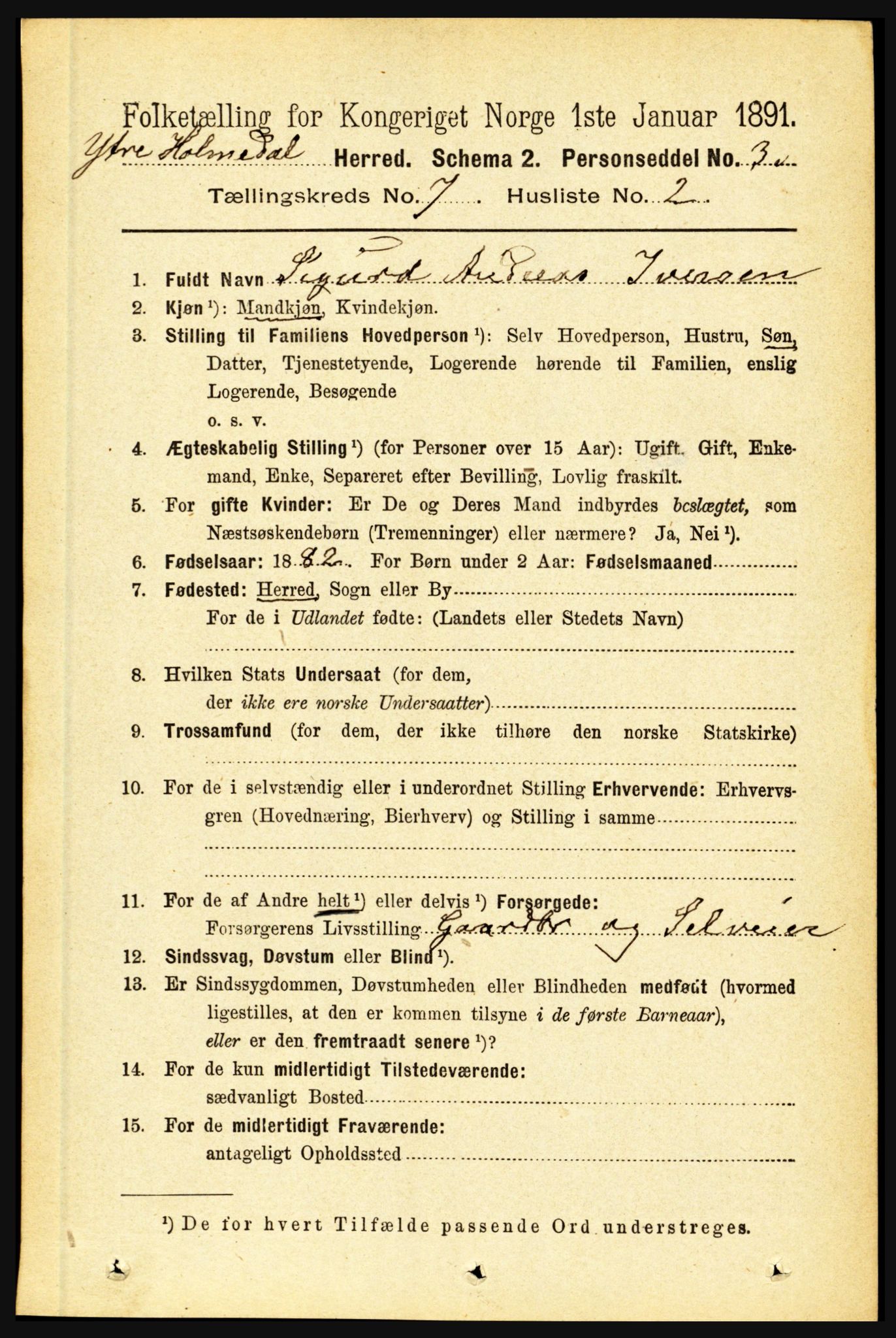 RA, 1891 census for 1429 Ytre Holmedal, 1891, p. 1598