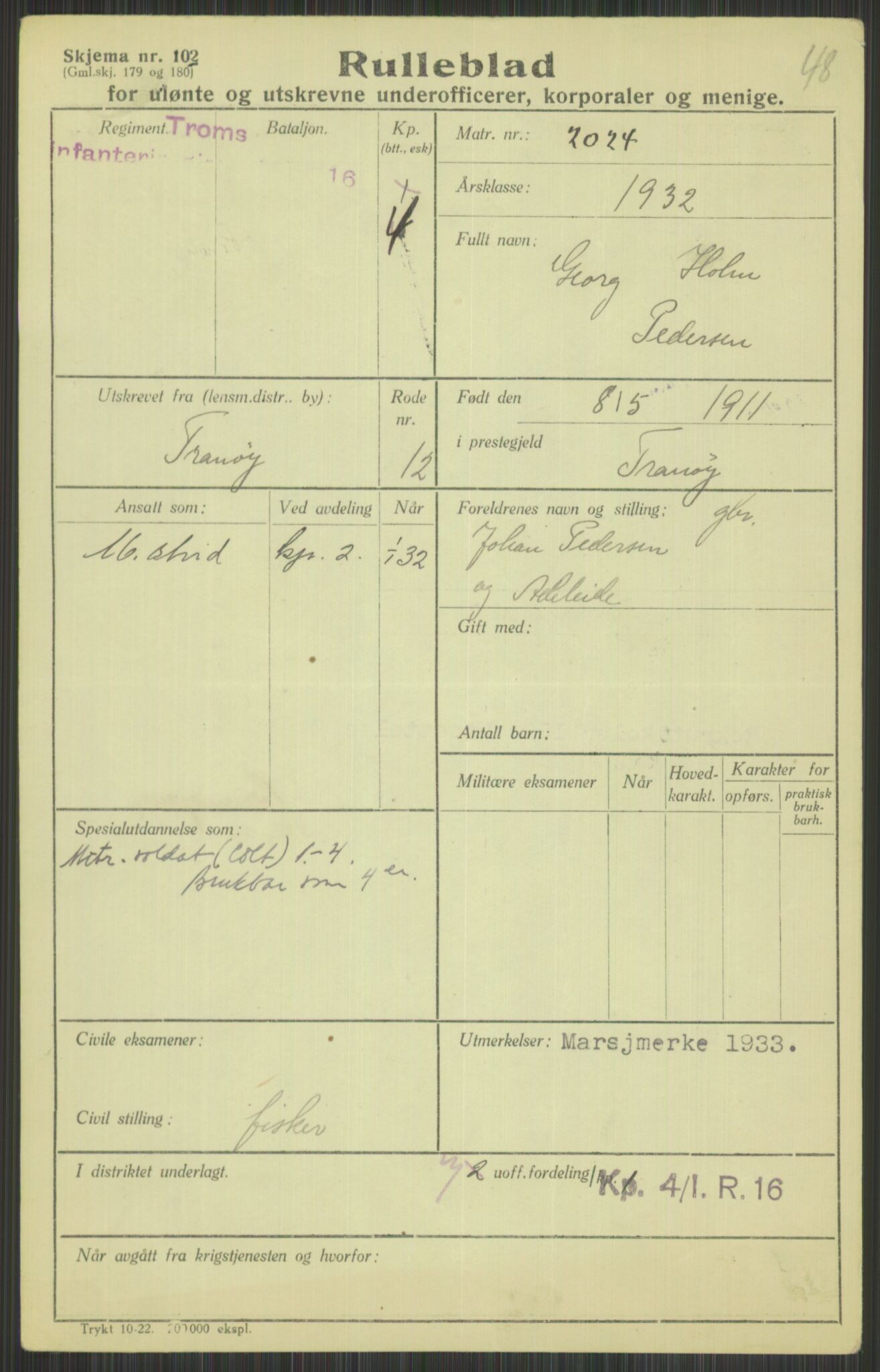 Forsvaret, Troms infanteriregiment nr. 16, AV/RA-RAFA-3146/P/Pa/L0016: Rulleblad for regimentets menige mannskaper, årsklasse 1932, 1932, p. 1289