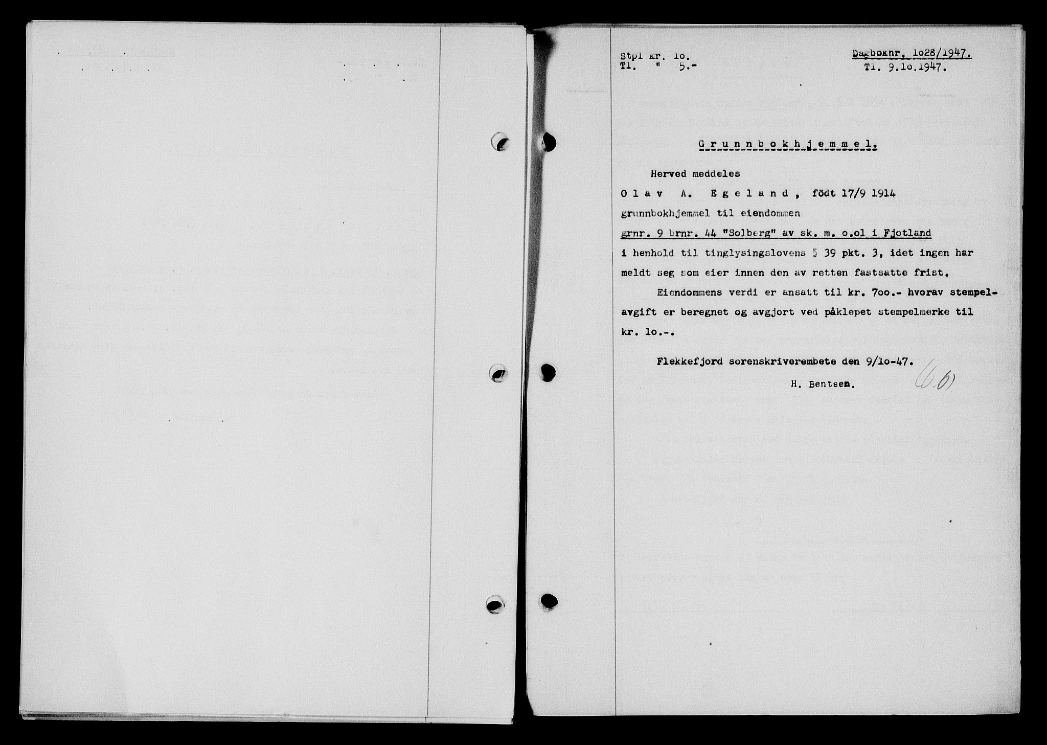 Flekkefjord sorenskriveri, SAK/1221-0001/G/Gb/Gba/L0062: Mortgage book no. A-10, 1947-1947, Diary no: : 1028/1947