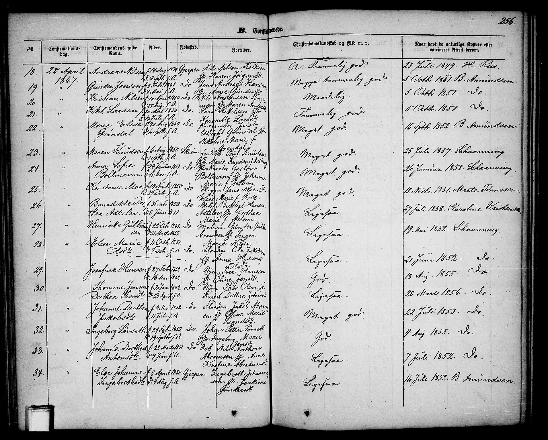 Skien kirkebøker, AV/SAKO-A-302/G/Ga/L0004: Parish register (copy) no. 4, 1843-1867, p. 256