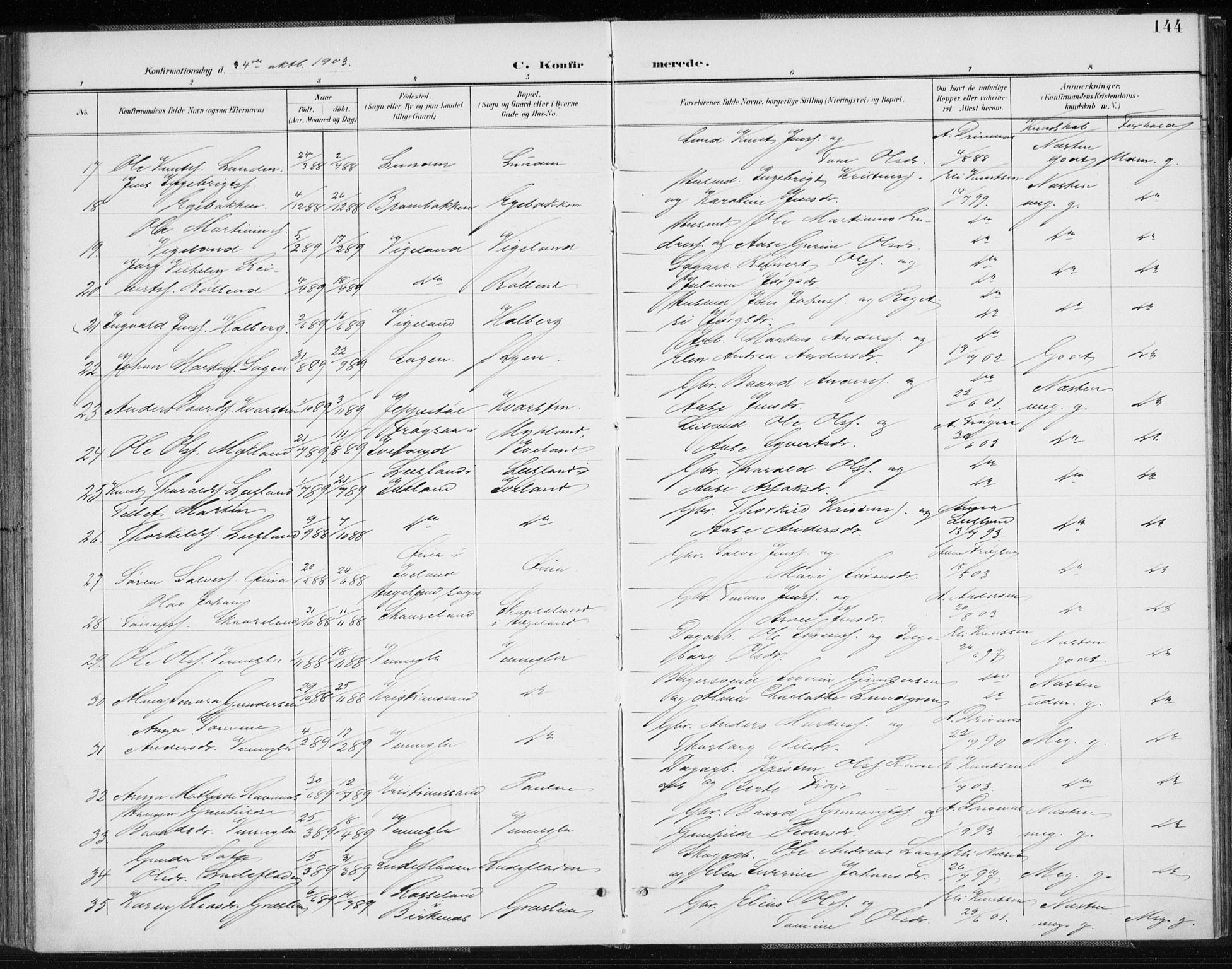 Vennesla sokneprestkontor, AV/SAK-1111-0045/Fa/Fab/L0005: Parish register (official) no. A 5, 1897-1909, p. 144