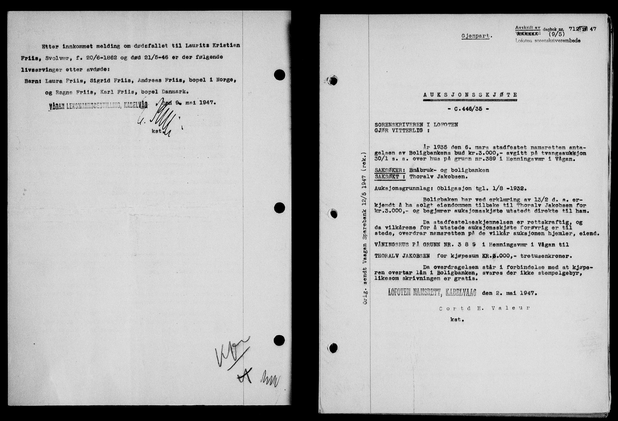 Lofoten sorenskriveri, SAT/A-0017/1/2/2C/L0016a: Mortgage book no. 16a, 1947-1947, Diary no: : 712/1947