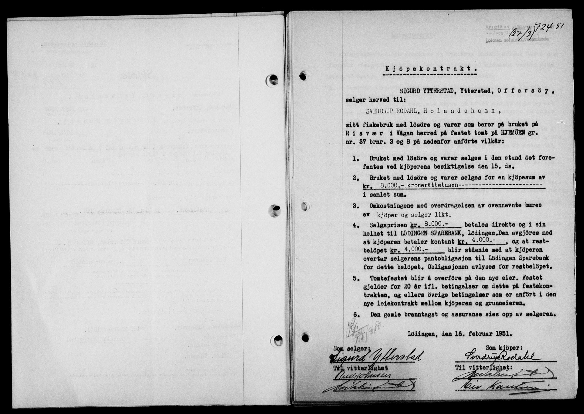 Lofoten sorenskriveri, SAT/A-0017/1/2/2C/L0025a: Mortgage book no. 25a, 1950-1951, Diary no: : 724/1951