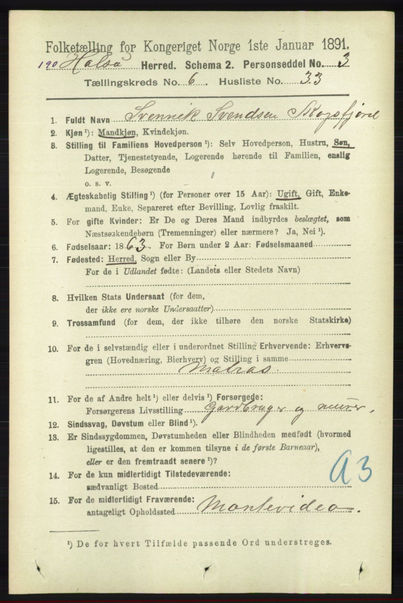 RA, 1891 census for 1019 Halse og Harkmark, 1891, p. 2547